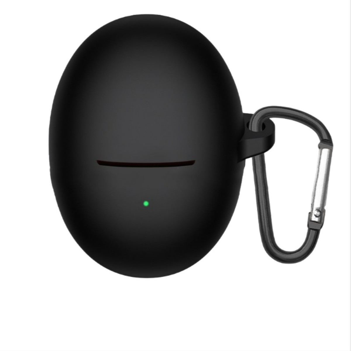 Black, oval earbud case with a carabiner. The case has a horizontal line and a green light. White background.
