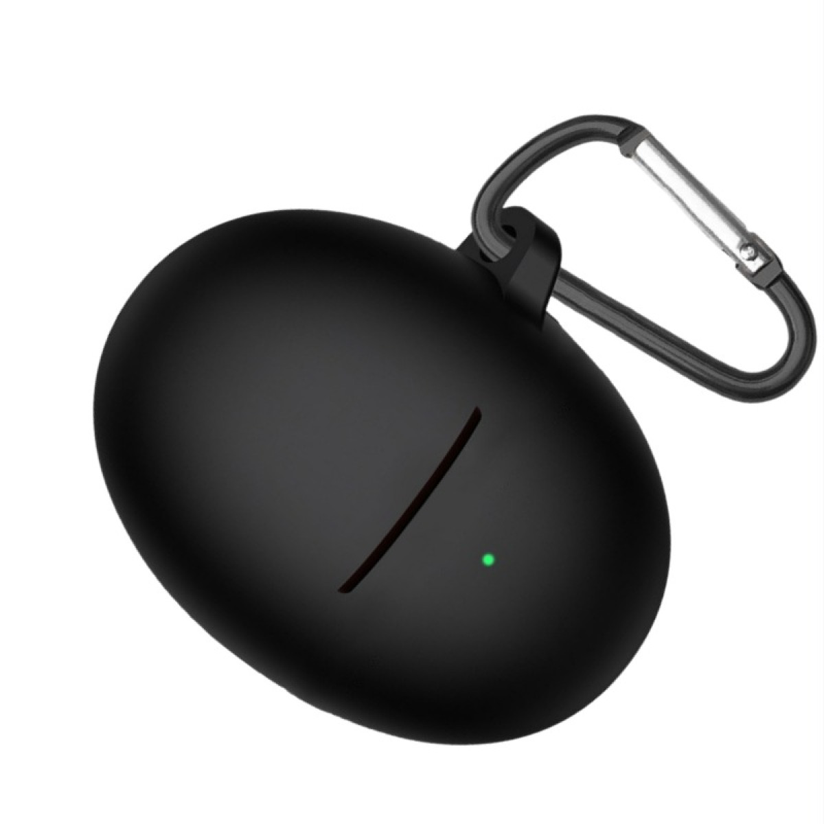 Black earbud case with a carabiner clip. A green light is on, indicating it's active. A diagonal line is visible on the case.