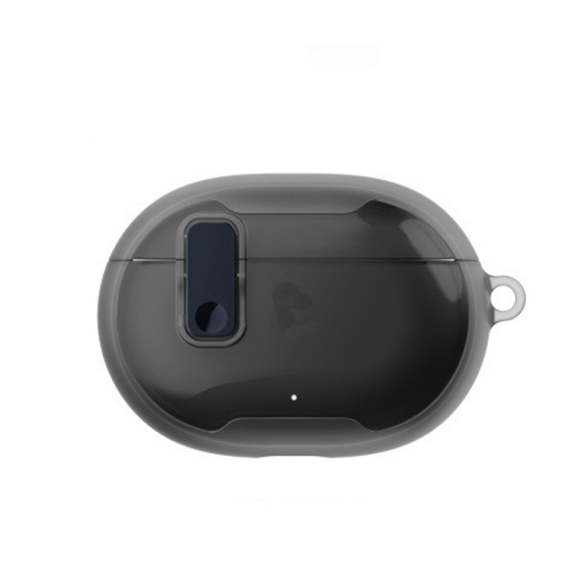 A dark gray earbud case. It has a small window and a hole for a strap. The case is oval and has a smooth surface.