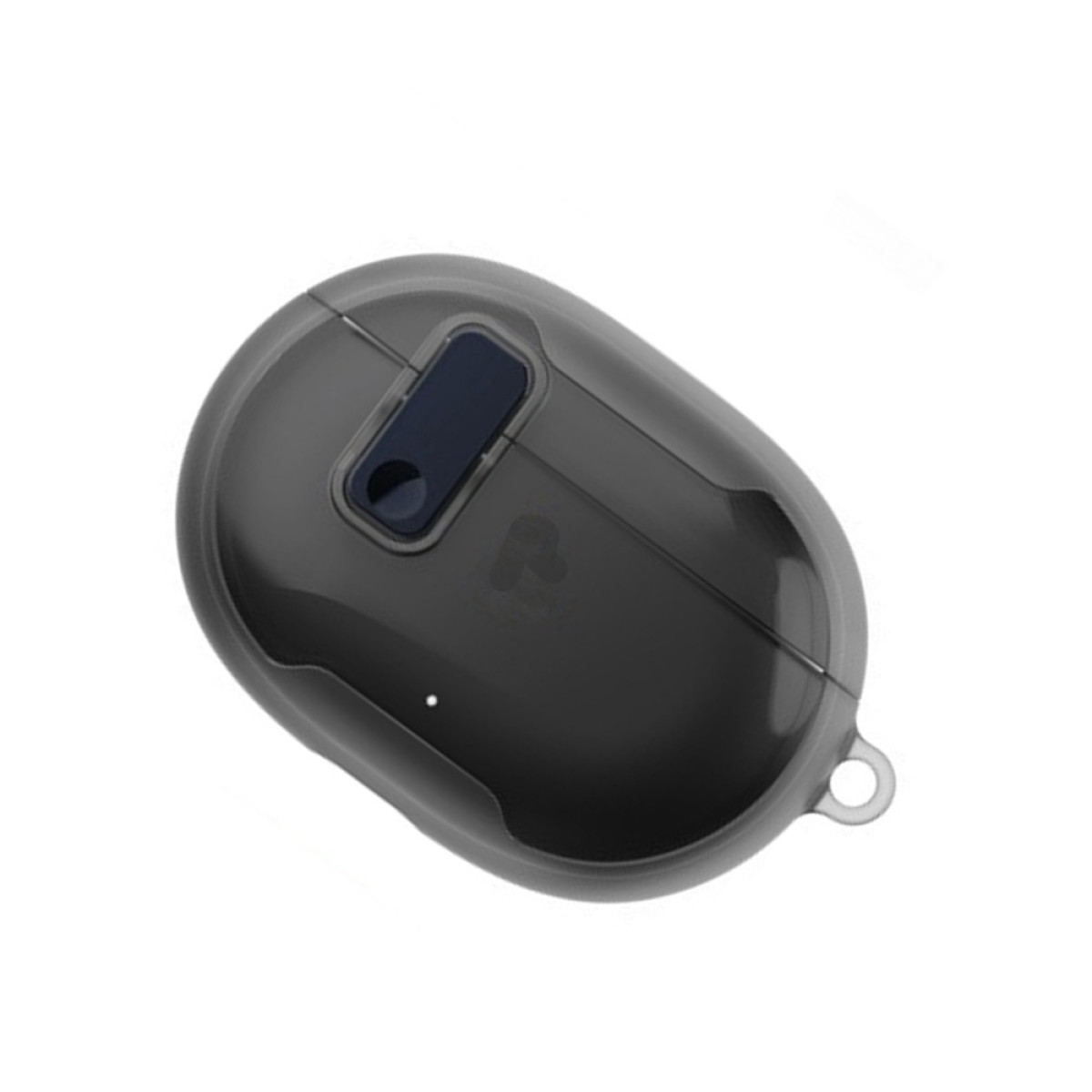A dark gray earbud case. It has a small dark blue rectangle on top. The case is on a white background.