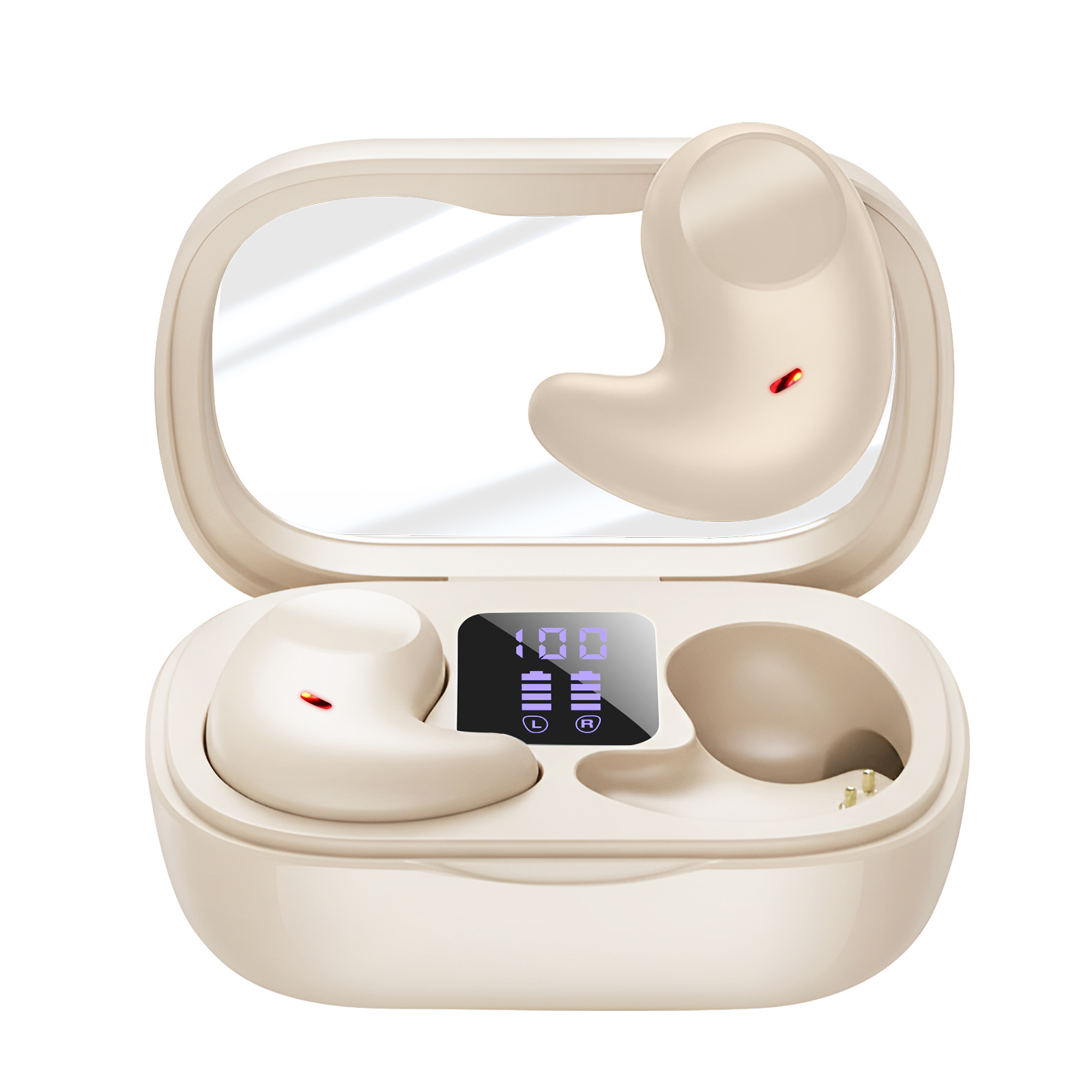 Custodia per auricolari beige aperta con un auricolare all'interno. Il display mostra il 100% di carica. Un altro auricolare.