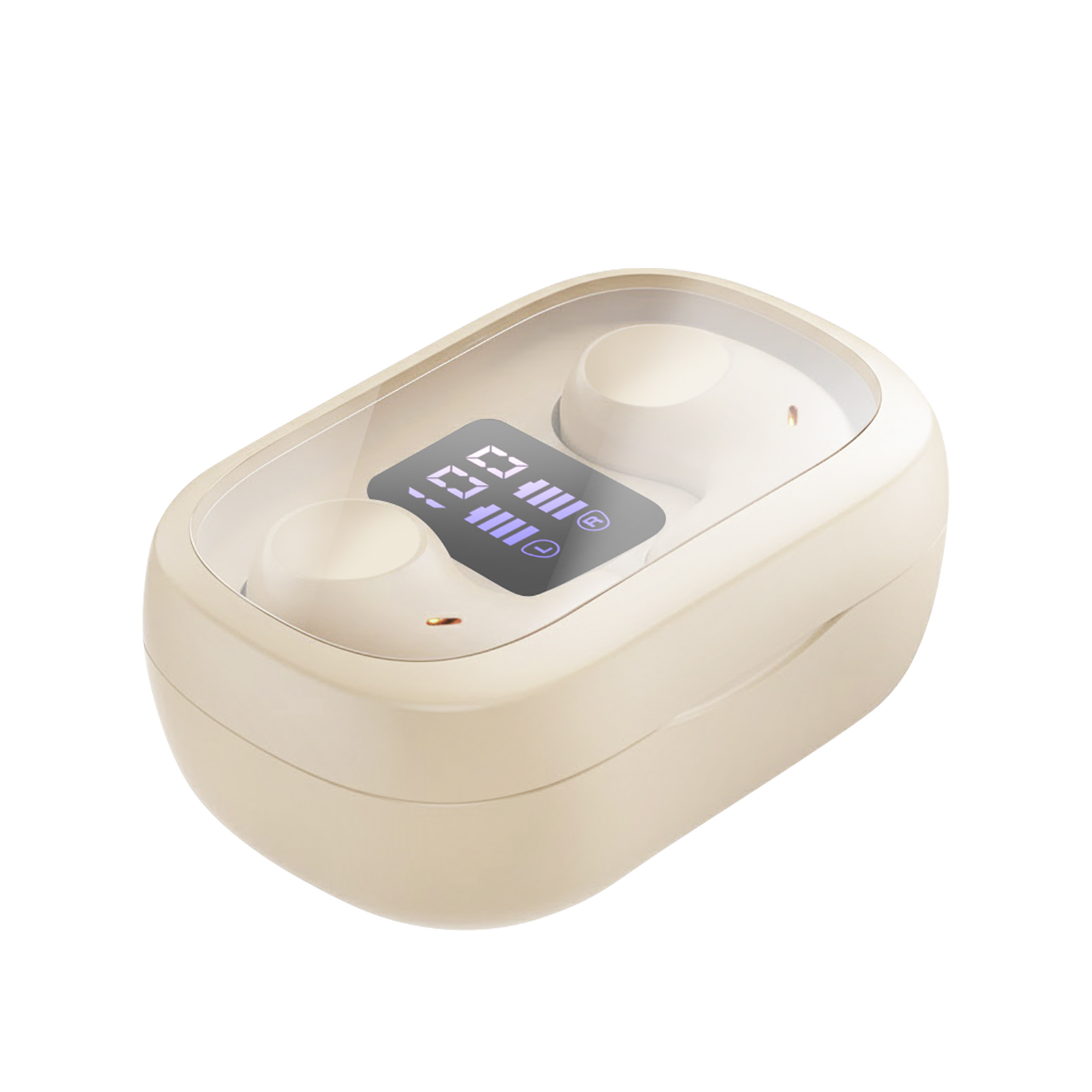 Custodia di ricarica beige con auricolari all'interno. Uno schermo mostra i livelli della batteria. La custodia ha un coperchio trasparente.