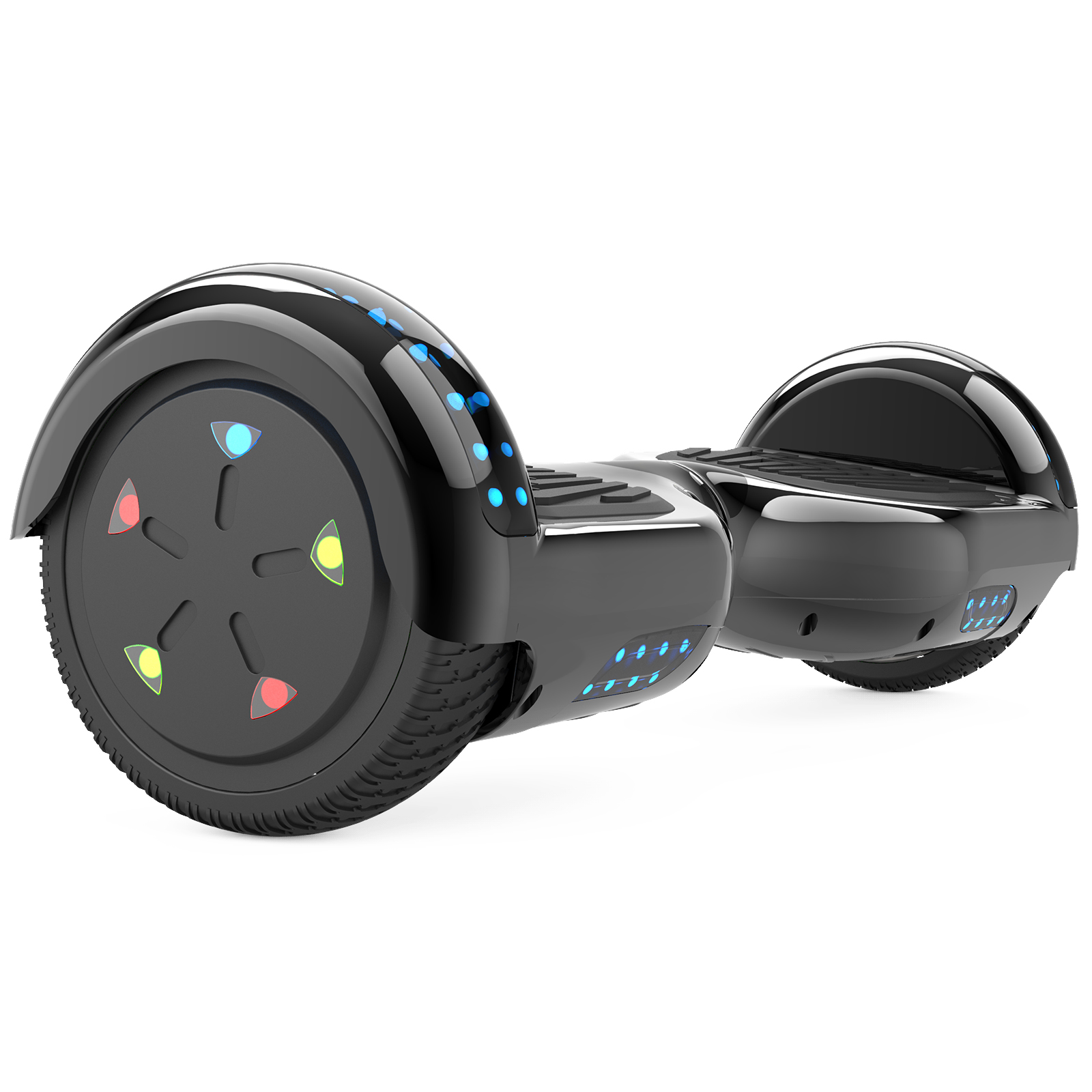 Schwarzes Hoverboard mit blauen Lichtern, Rädern mit farbigen Anzeigen und glänzendem Finish, isoliert auf Weiß.