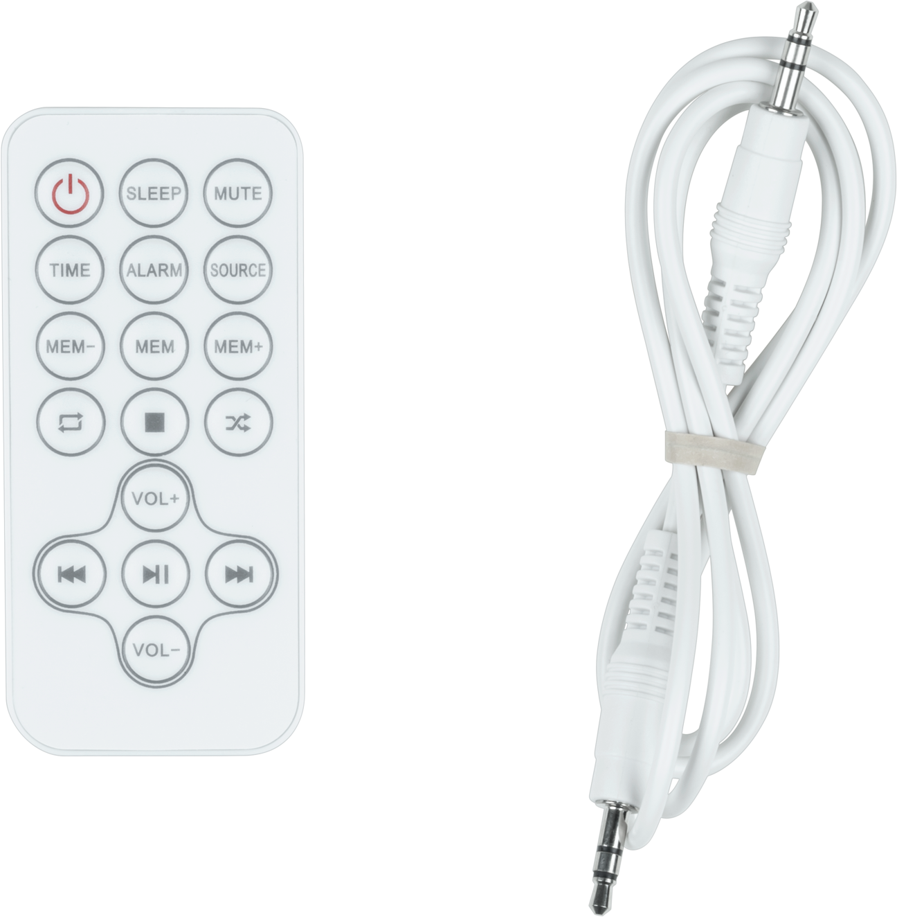 Zdjęcie przedstawia biały pilot z przyciskami oraz biały kabel audio. Kabel jest zwinięty i zabezpieczony gumką.