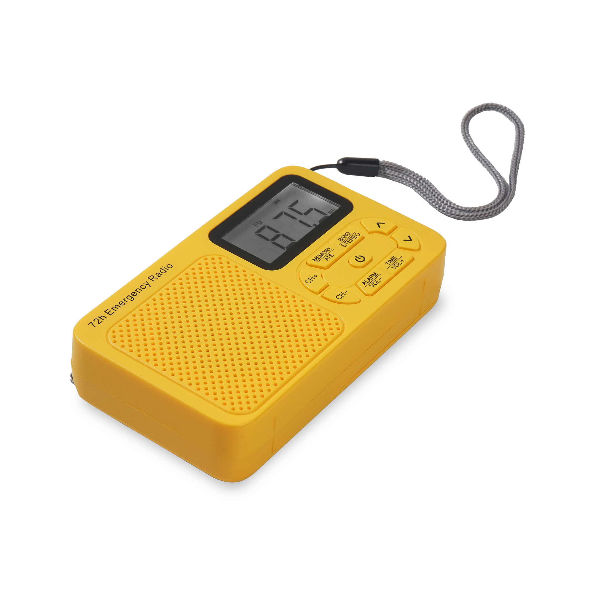 A yellow emergency radio with a digital display showing 87.5 MHz and a grey strap. Buttons are visible.