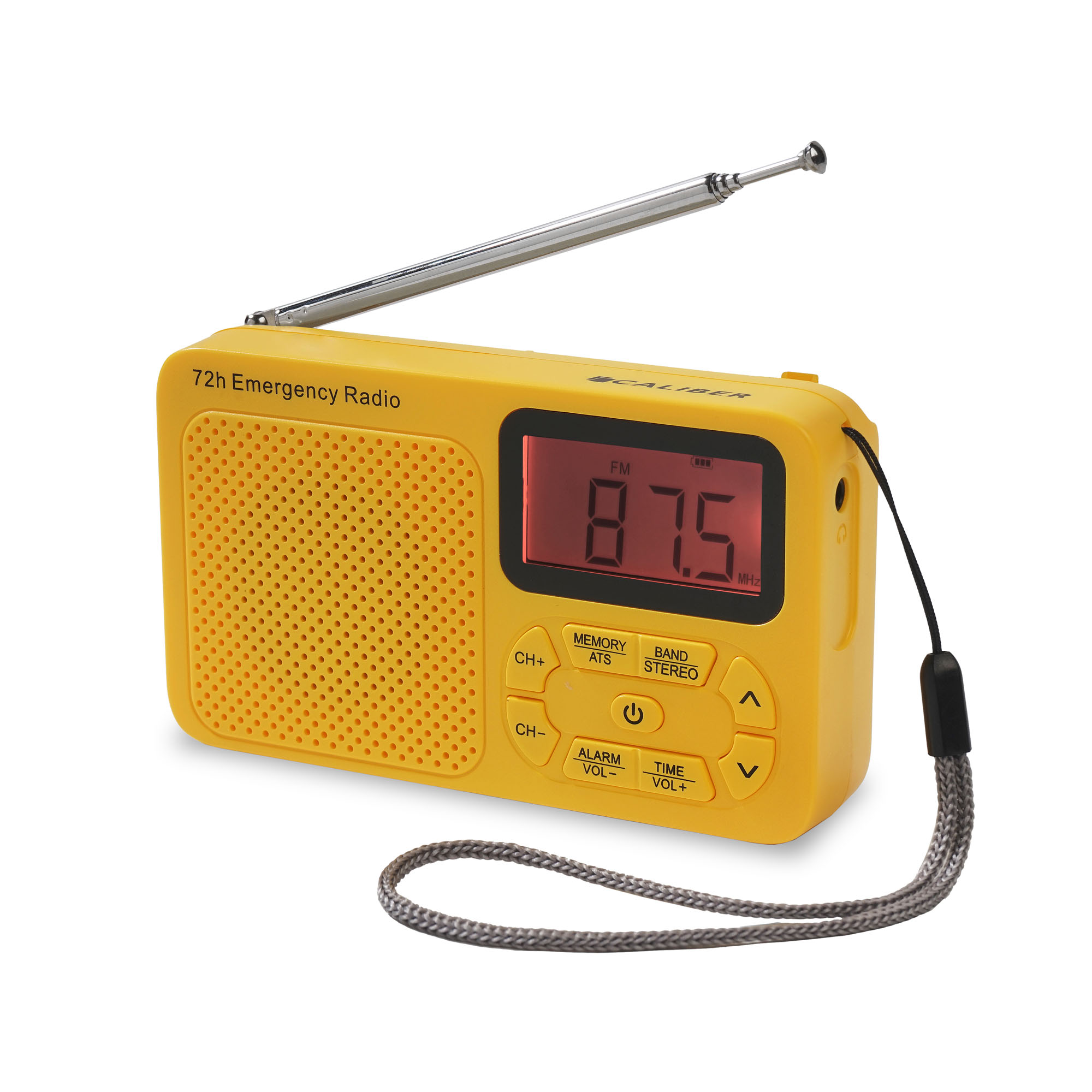 A yellow emergency radio displays 87.5 MHz. It has a retractable antenna and a hand strap. Buttons label CH+, CH-, Memory, Band, Stereo, etc.