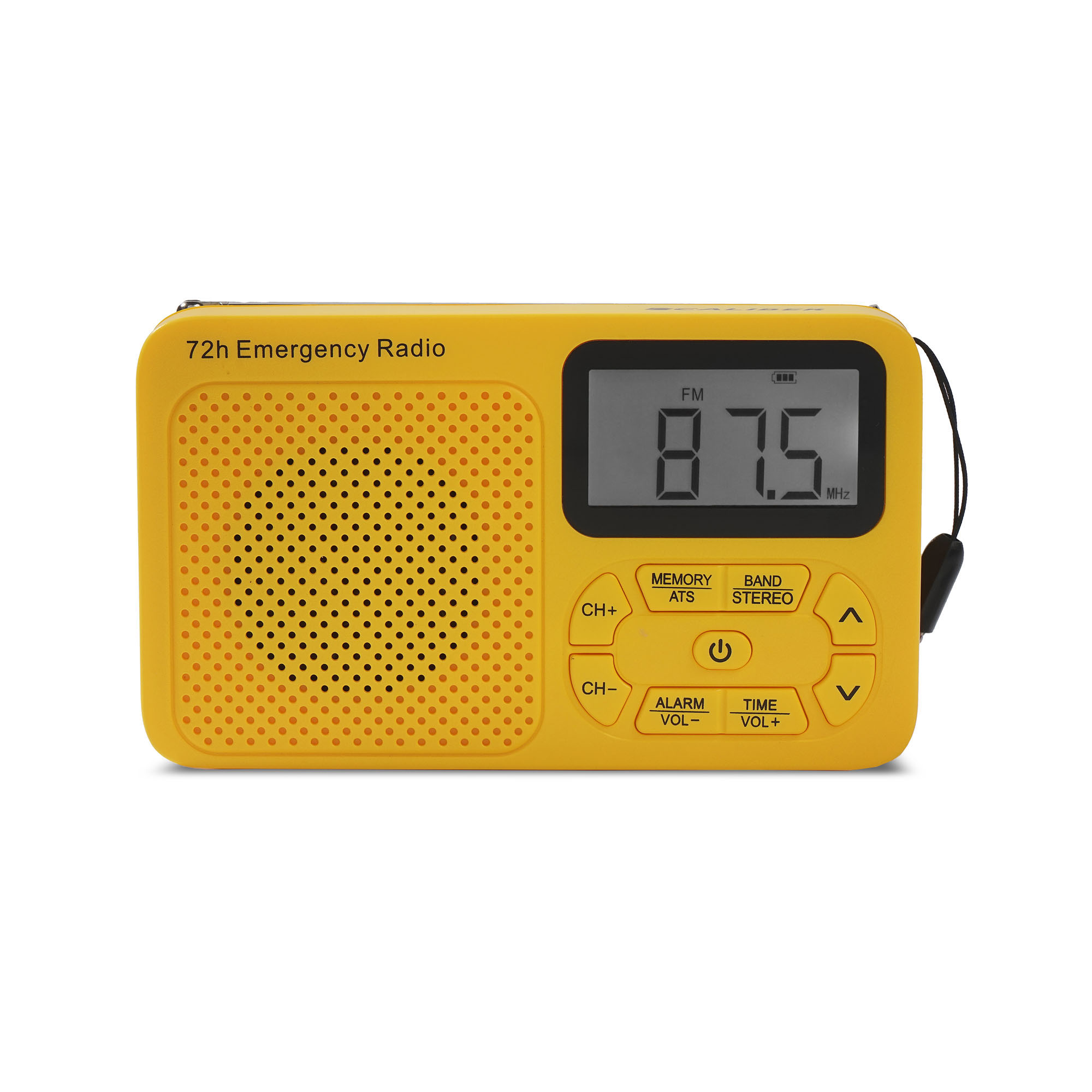 A yellow emergency radio displays '87.5 MHz'. It has buttons and a speaker. The text '72h Emergency Radio' is on it.