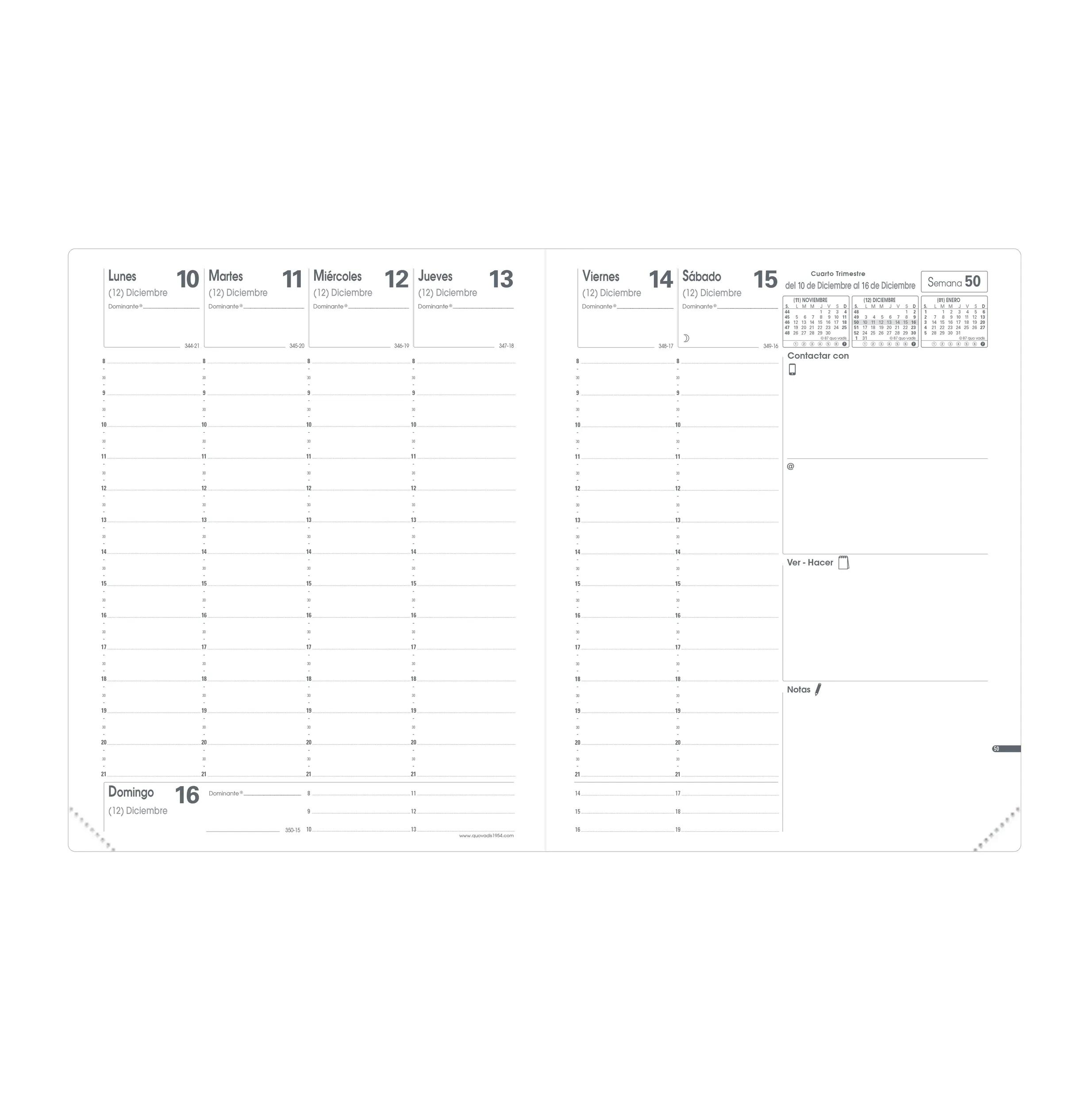 Una agenda blanca con fechas. Muestra una semana del 10 al 16 de diciembre. También es visible un calendario.