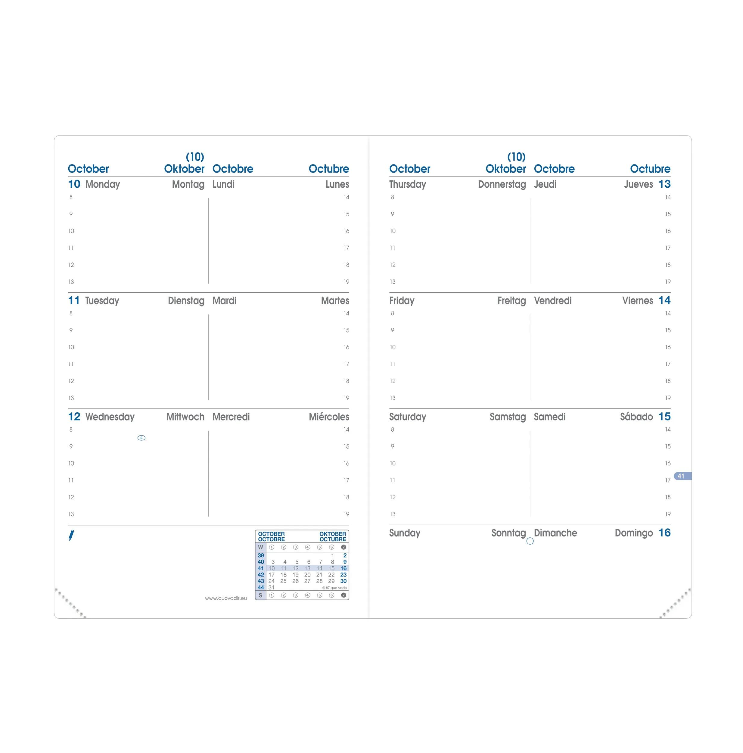 Una página blanca de planificador para octubre con fechas y horas. Incluye un calendario pequeño e icono de lápiz.
