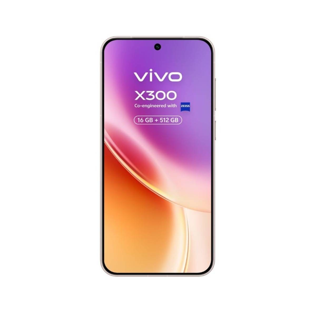 Ekran smartfona wyświetla logo Vivo X300, współtworzone z firmą Zeiss. Pokazuje 16 GB + 512 GB. Tło ma abstrakcyjne kolory.