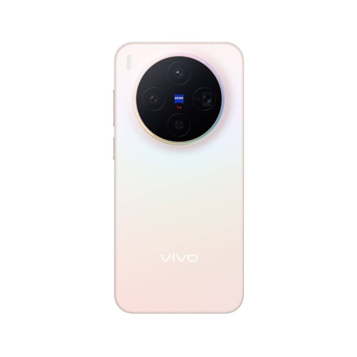 Biały smartfon Vivo. Ma duży, okrągły moduł aparatu z wieloma obiektywami i logo Zeiss. Telefon jest opalizujący.