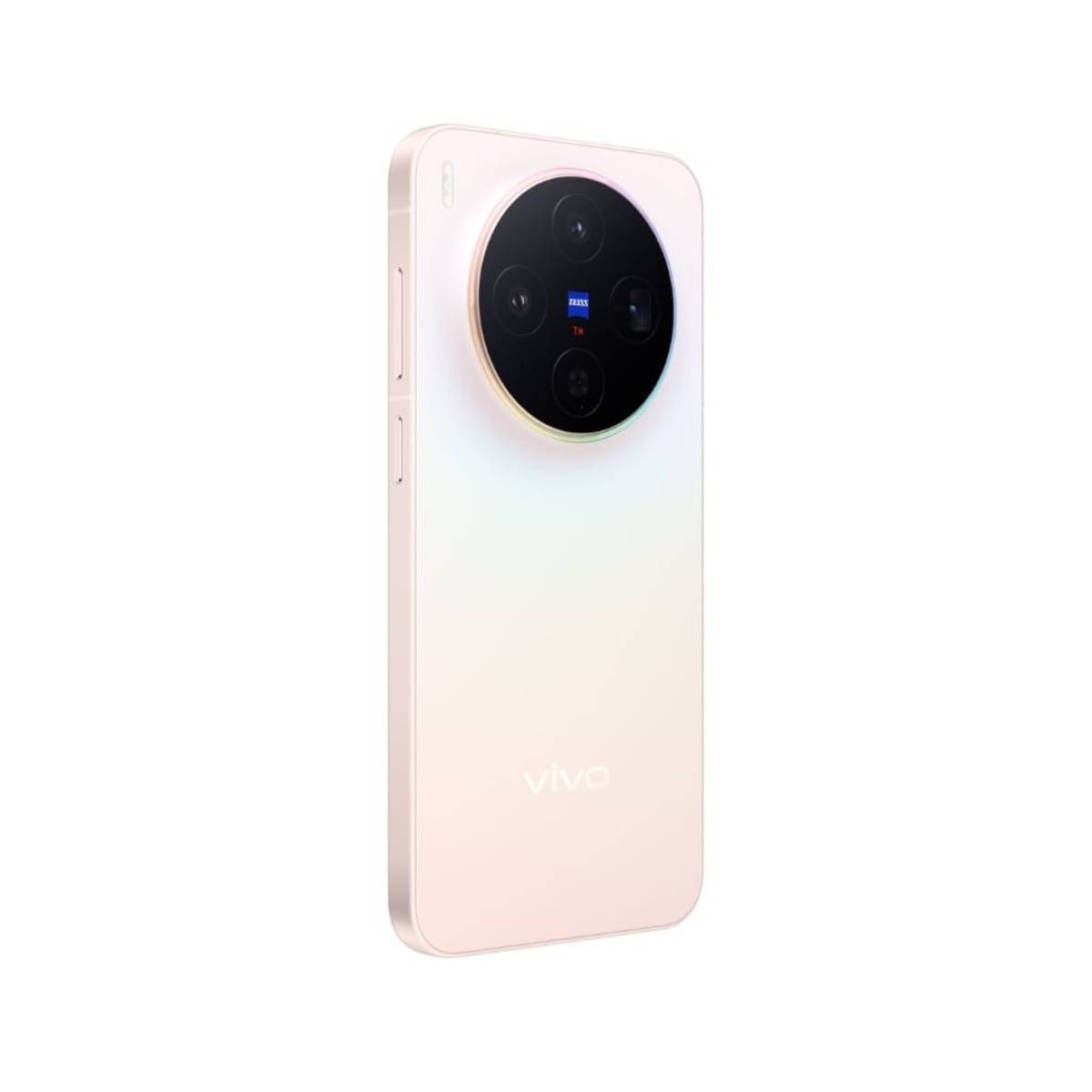 Biały smartfon Vivo z dużym, okrągłym modułem aparatu. Moduł zawiera cztery obiektywy i logo Zeiss. Telefon jest w ujęciu studyjnym.