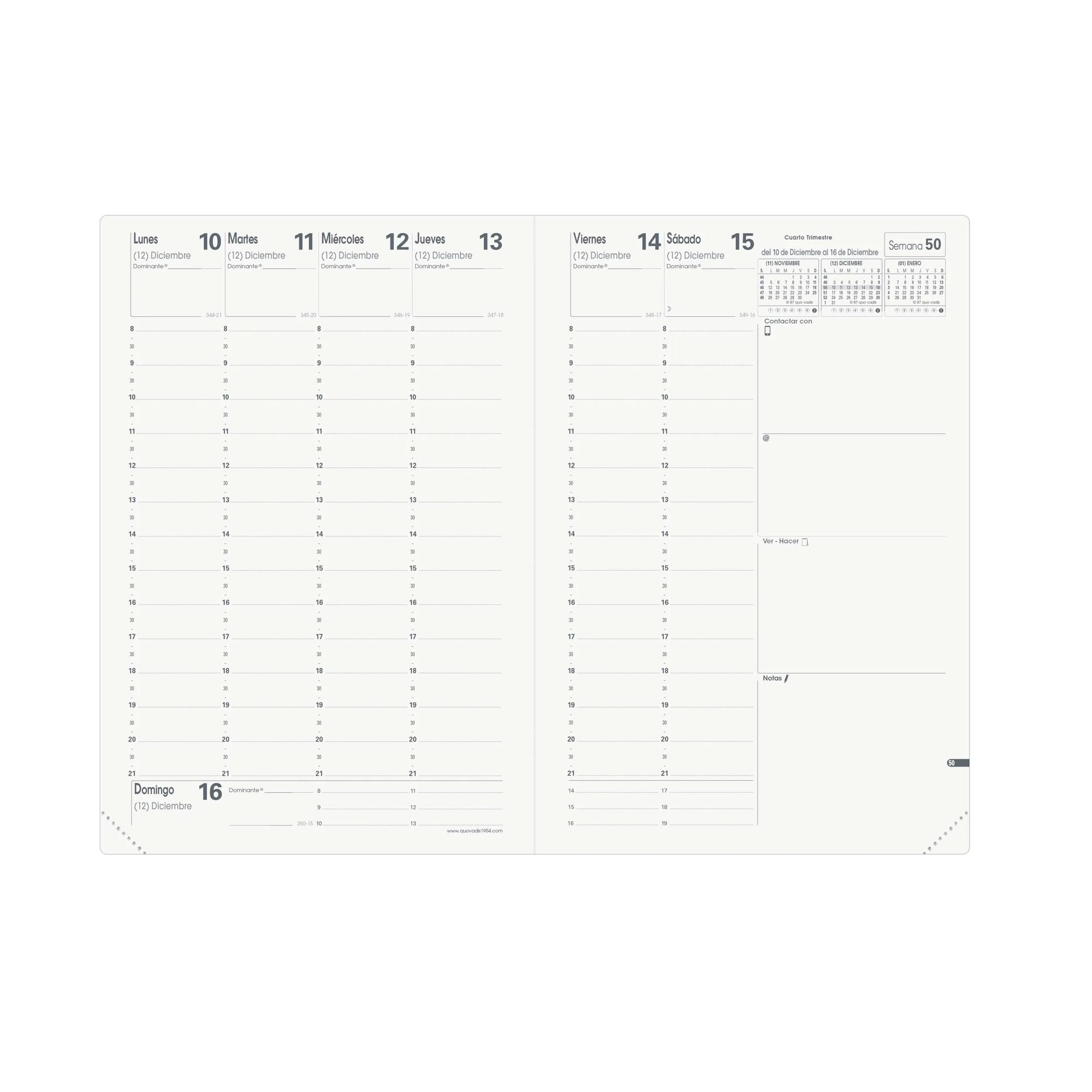 Página de calendario abierta, mostrando del 10 al 16 de diciembre. Días listados con horarios. Incluye calendario pequeño.