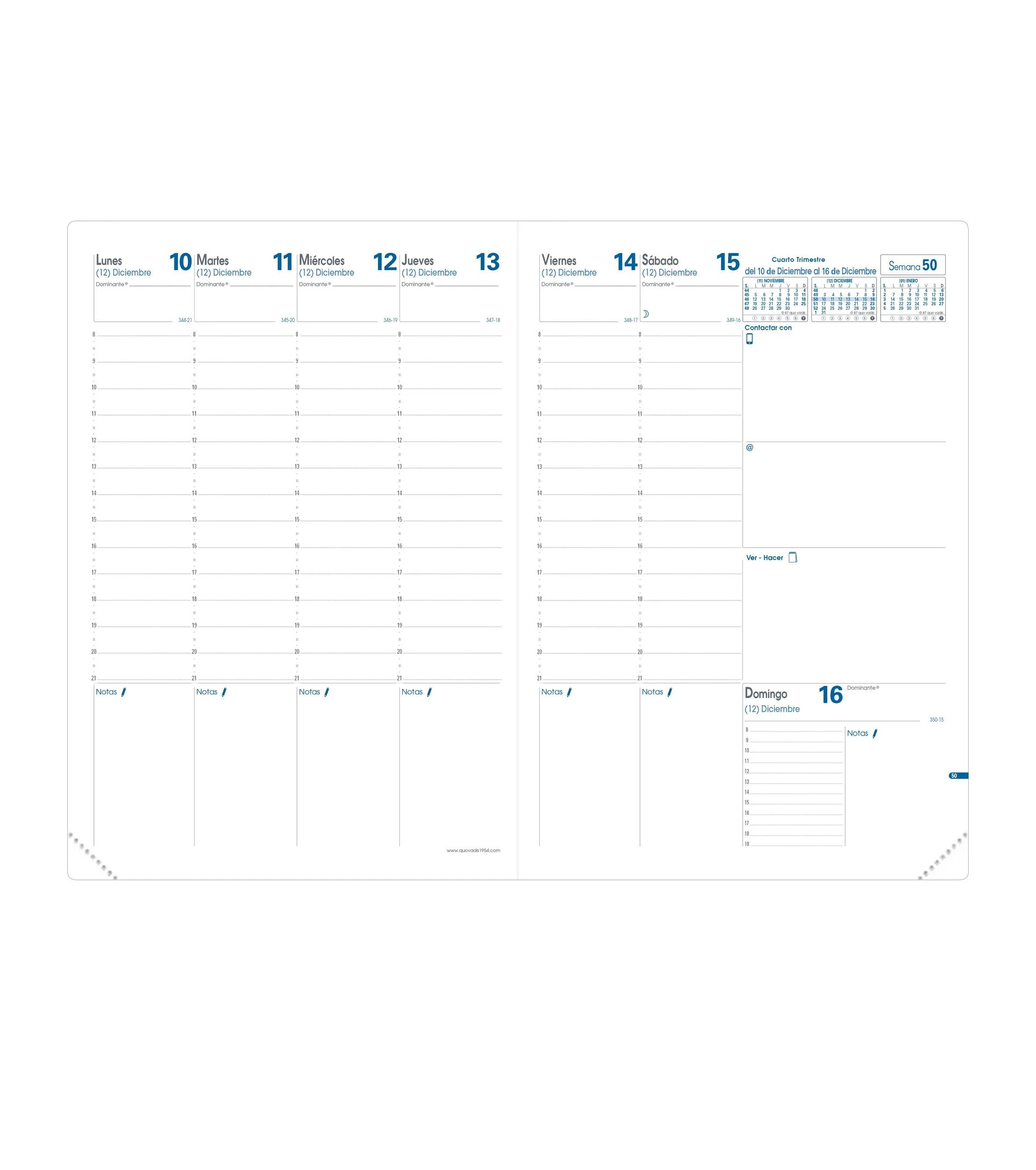 Página de calendario con fechas del 10 al 16 de diciembre. Incluye planificador semanal y vista general del calendario.