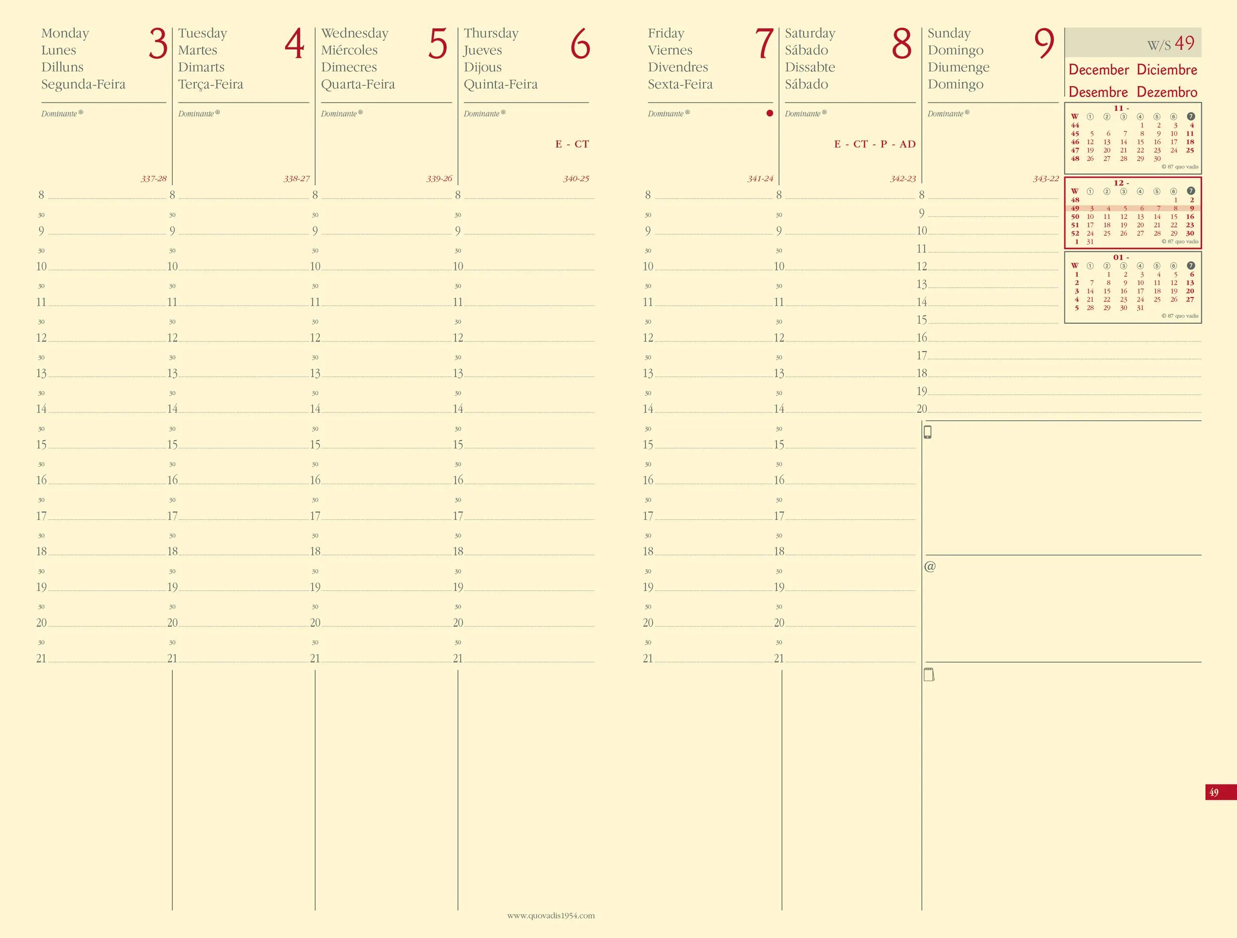 Página del calendario de diciembre. Fechas del 3 al 9 visibles. Incluye un calendario mensual.
