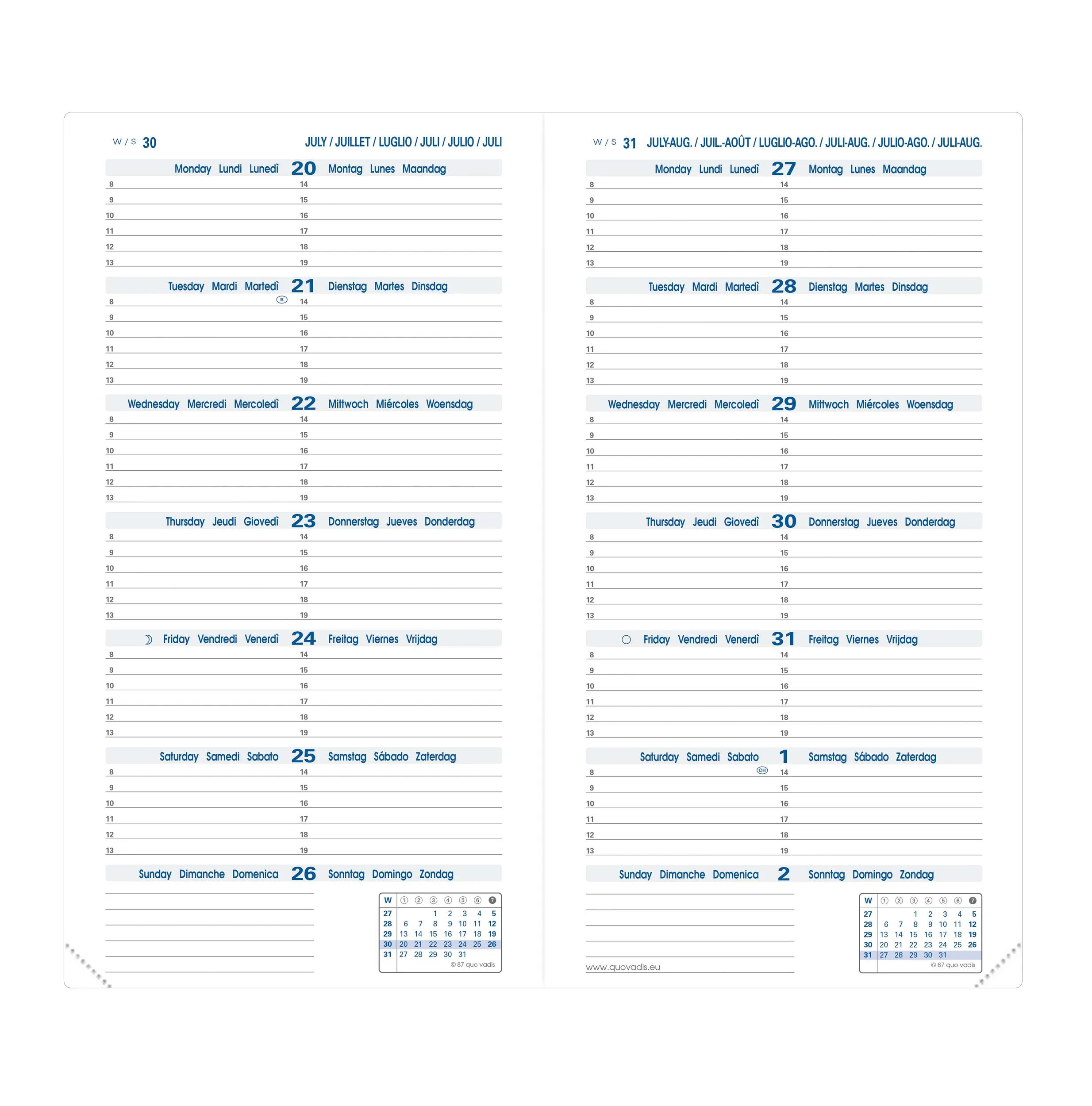Página de calendario con fechas de julio y agosto. Filas muestran días en diferentes idiomas. Números y líneas presentes.