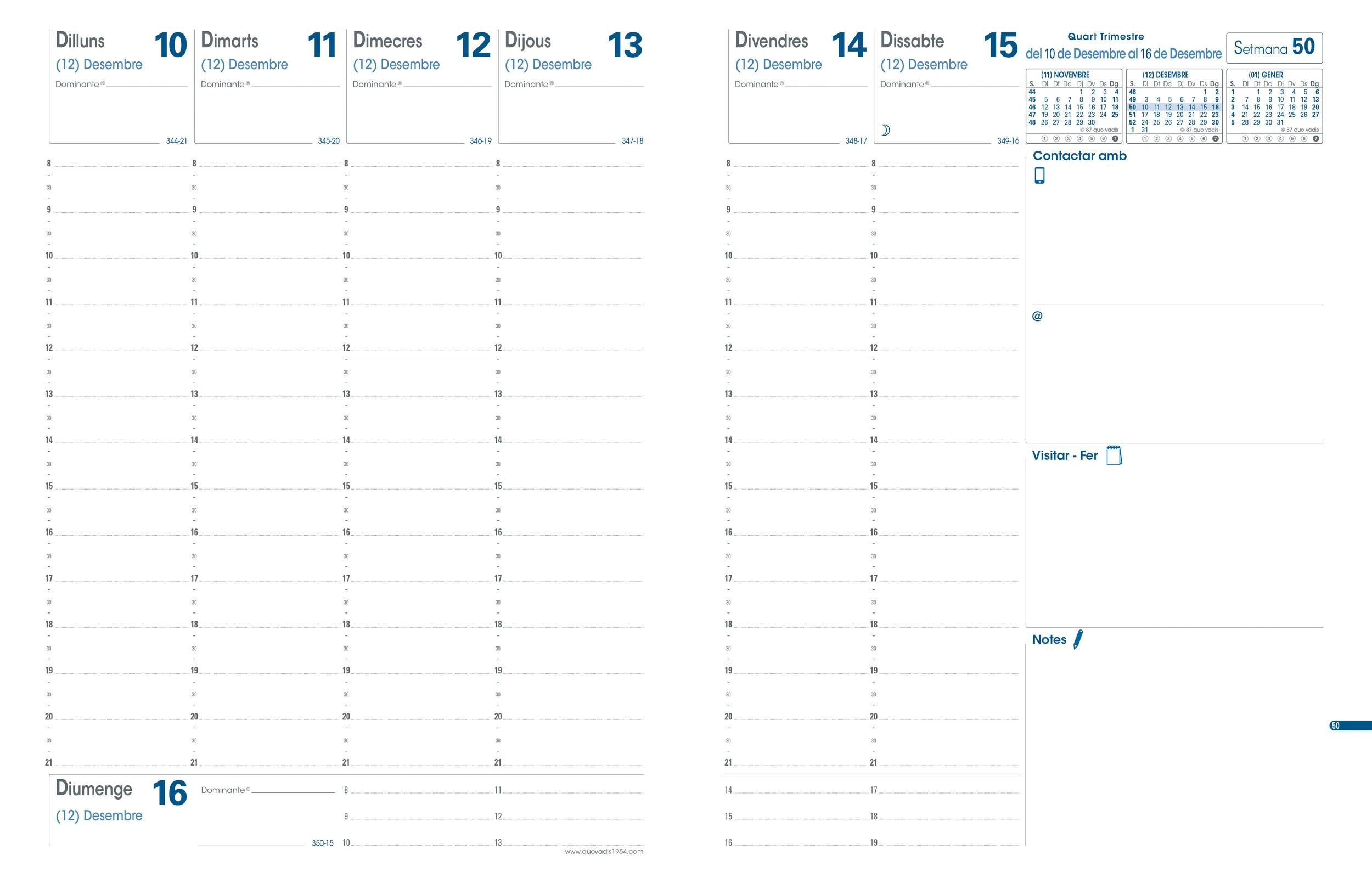 Una página de calendario con fechas, horas y espacio para notas.