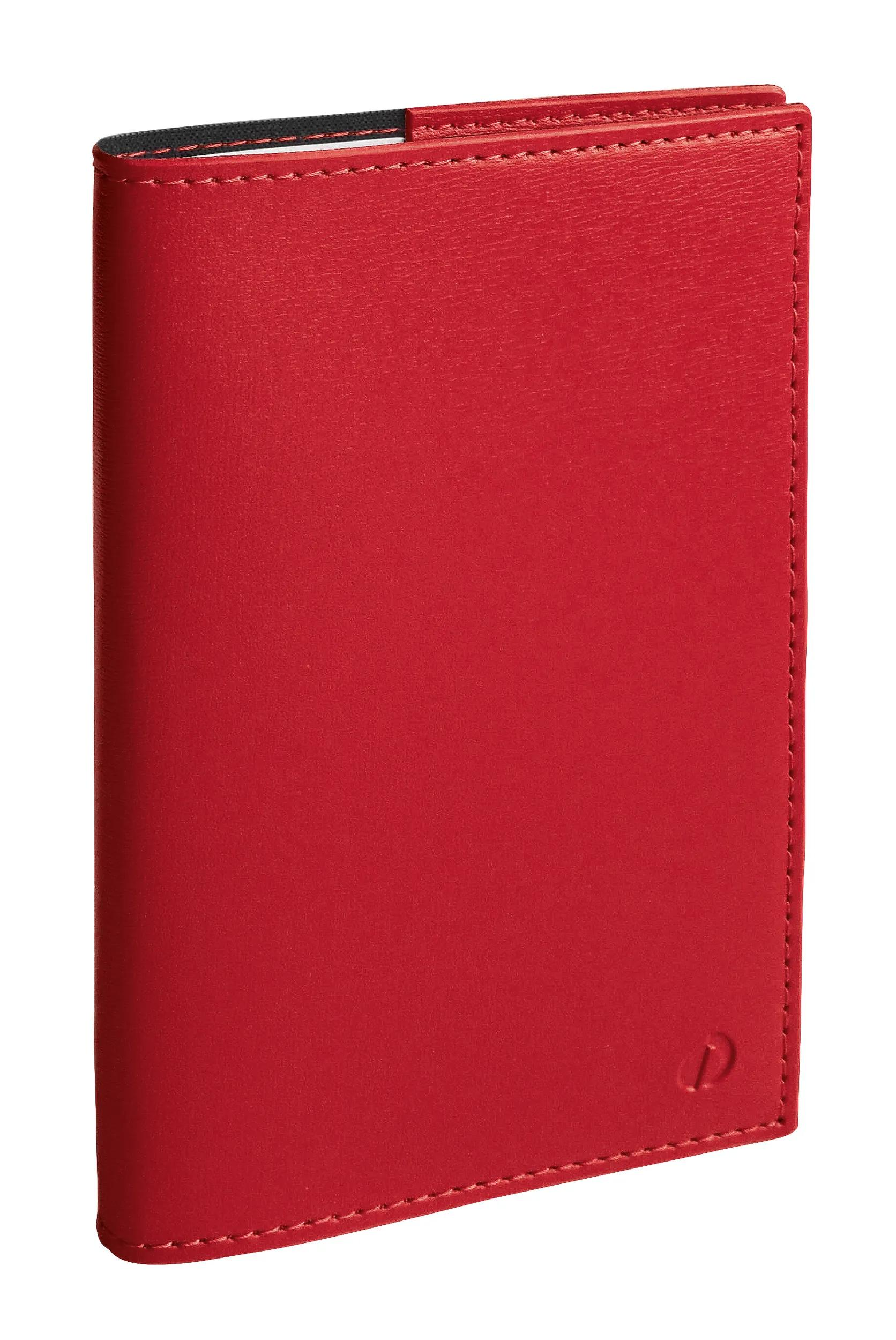 Cartera de cuero roja con bordes cosidos y una pequeña 'D' en relieve en la parte delantera.