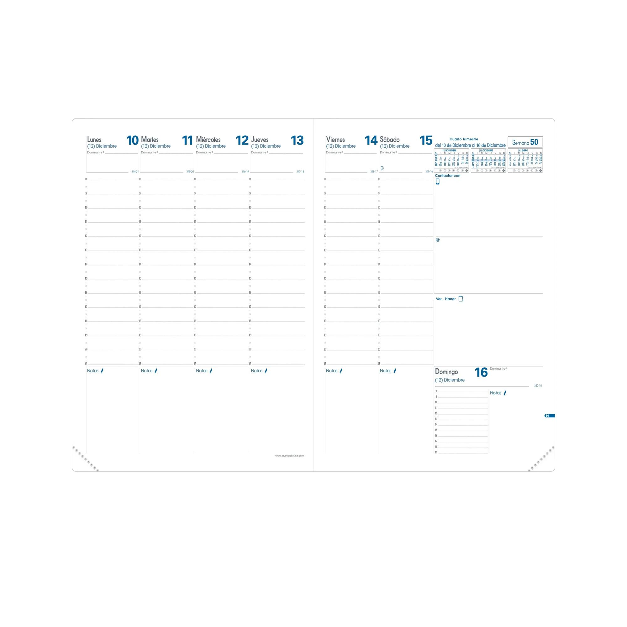 Una página de agenda blanca con fechas del 10 al 16 de diciembre. Incluye calendario, sección de notas e info de contacto.