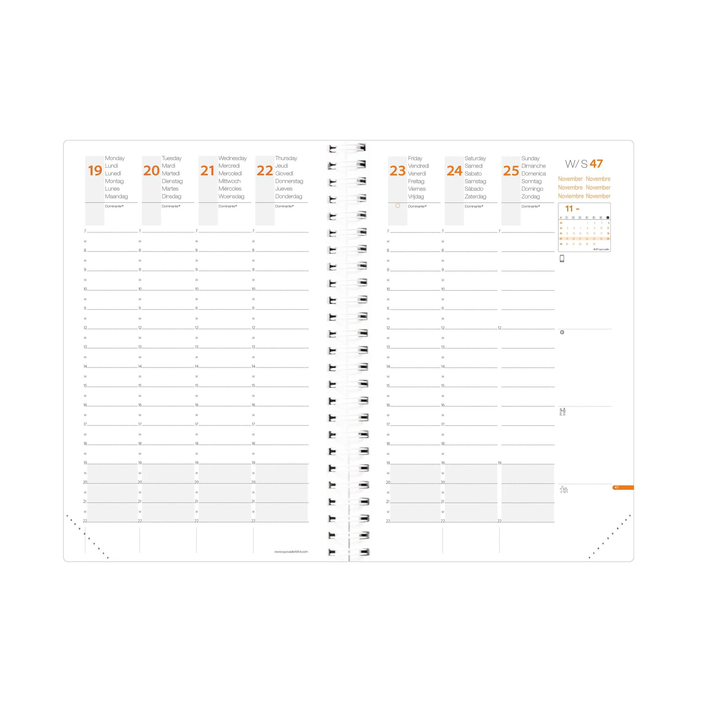 Una agenda blanca abierta a la vista semanal. Se ven los días de la semana y las fechas, con líneas para notas.