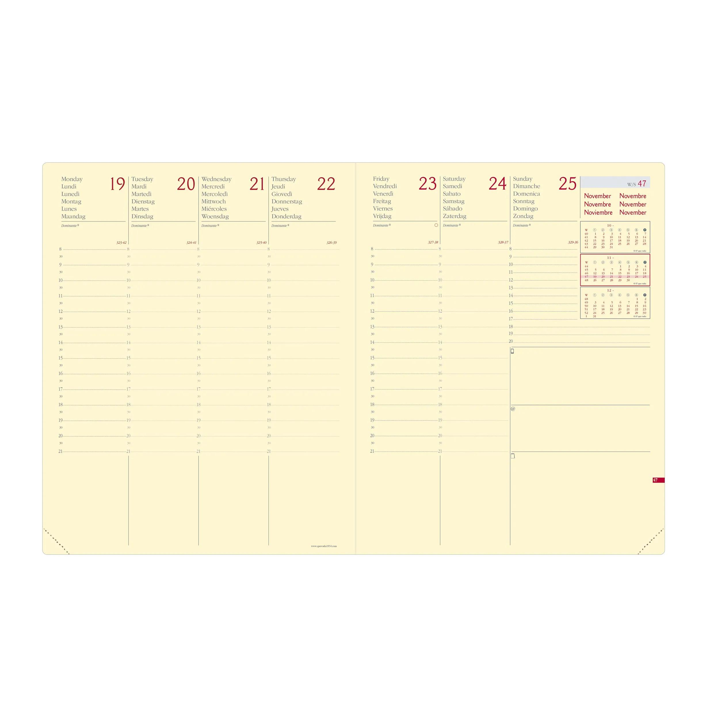Una agenda abierta a la semana del 19 al 25 de noviembre. Se ven páginas de calendario y un calendario pequeño.