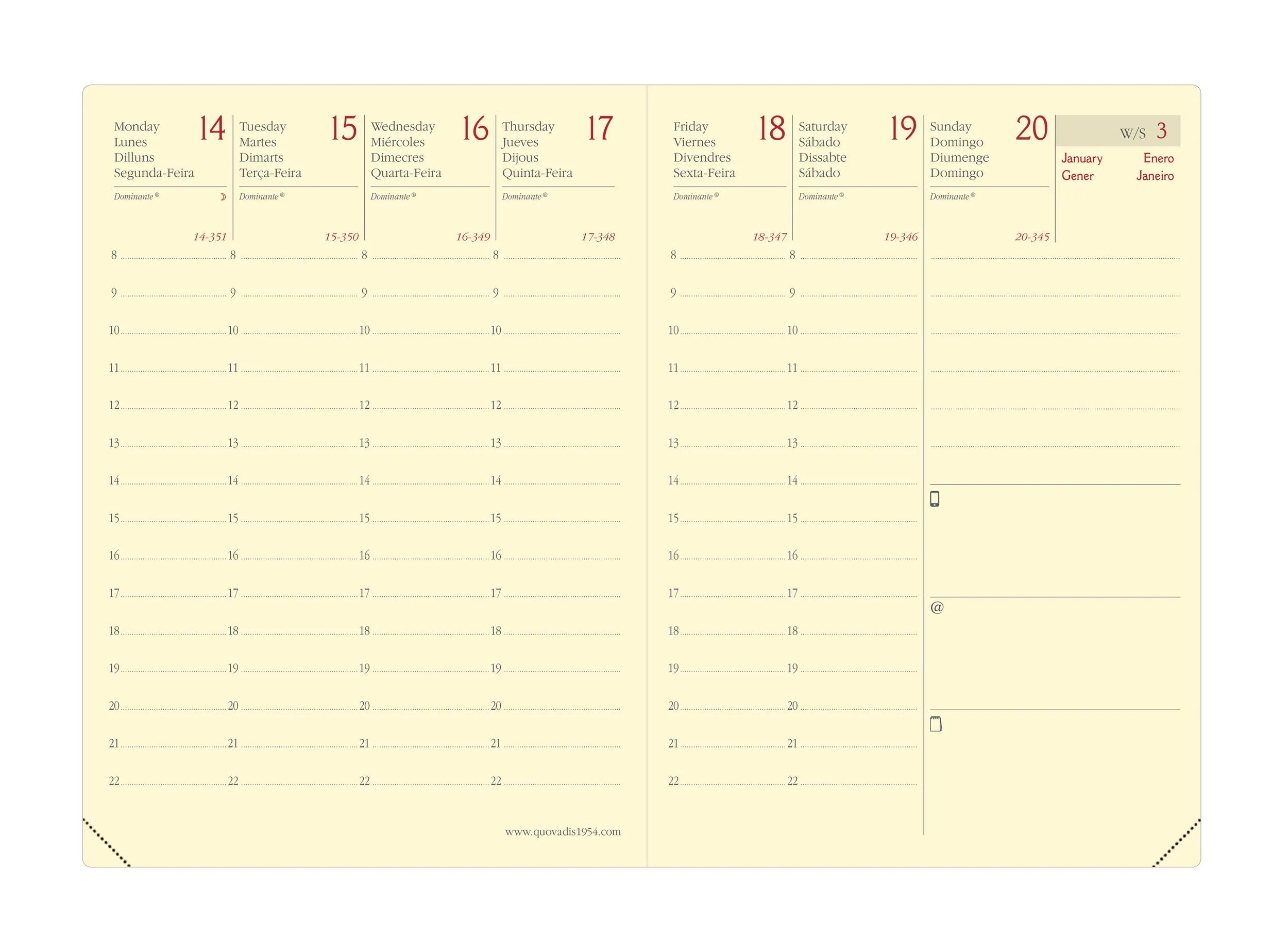 Un planificador semanal beige con fechas y horas de lunes a domingo. Enero está arriba a la derecha.