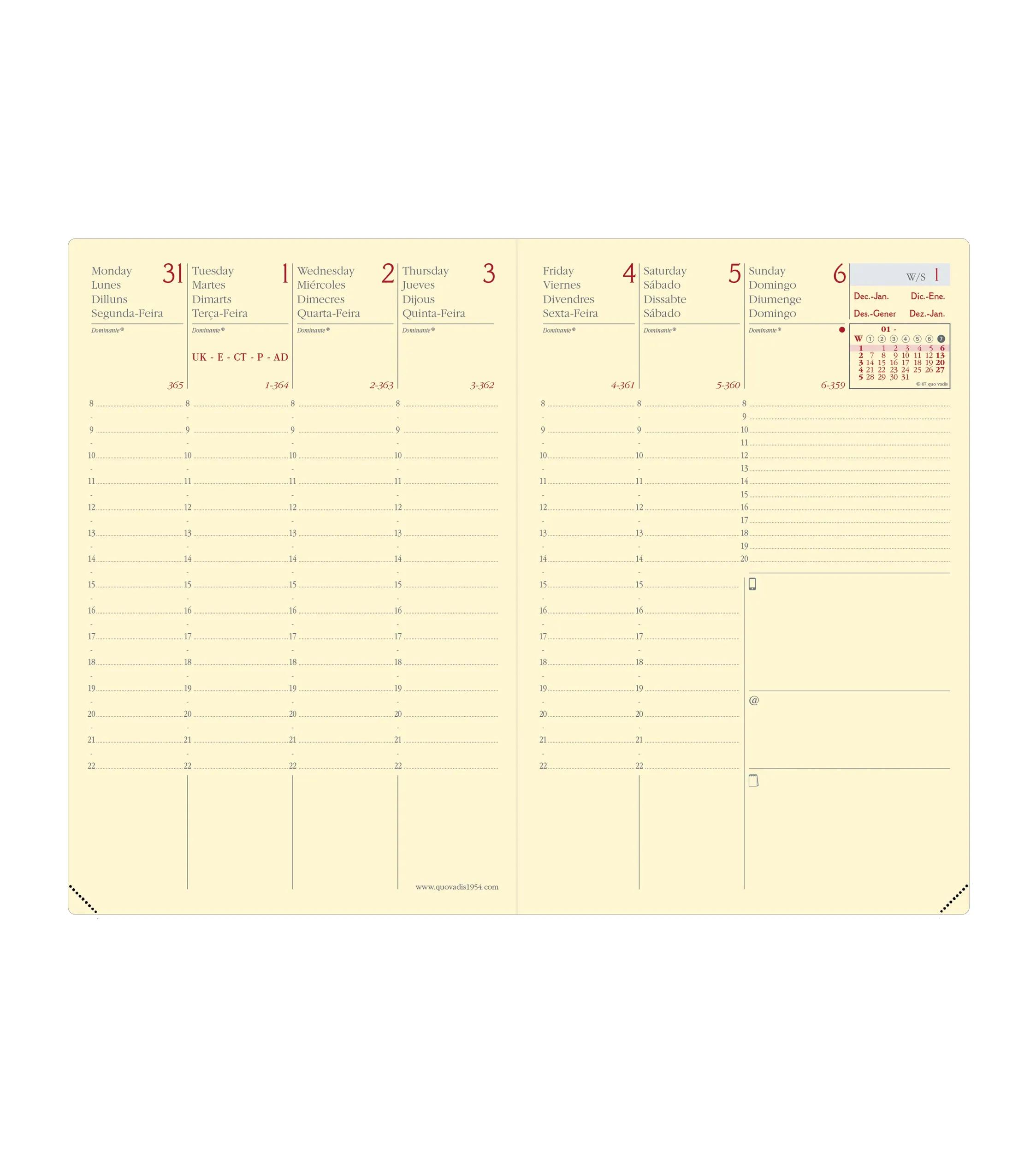 Una página de planificador con fechas de diciembre a enero, que muestra los días de la semana y una vista de calendario.