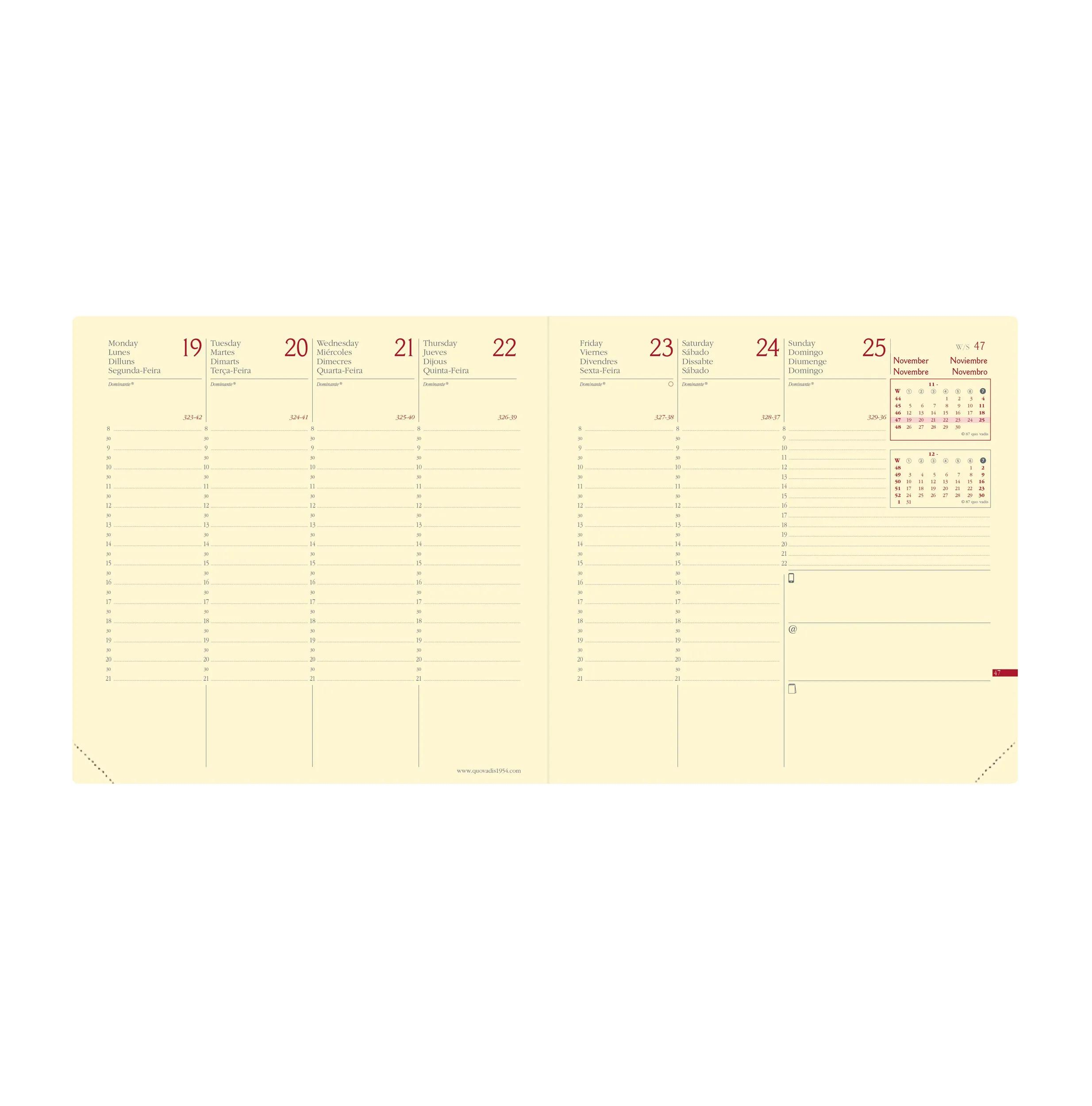 Una página de agenda muestra las fechas del 19 al 25 de noviembre. Incluye un calendario y secciones con líneas para notas diarias.