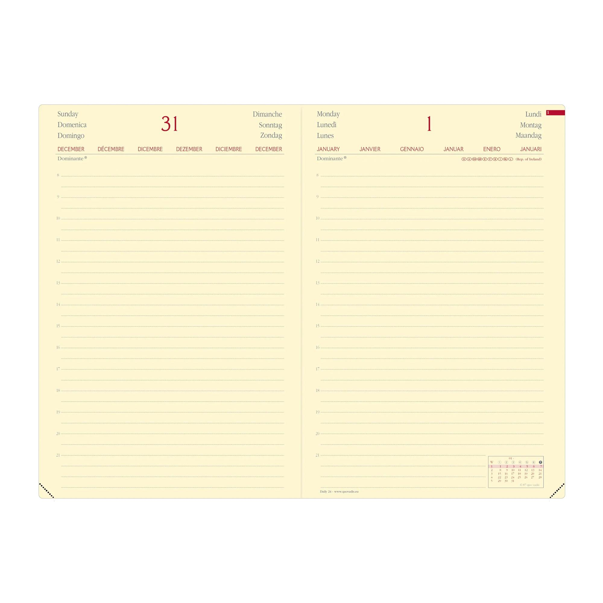 Una página de agenda muestra el 31 de diciembre a la izquierda y el 1 de enero a la derecha. Se ven líneas para notas y un calendario pequeño.