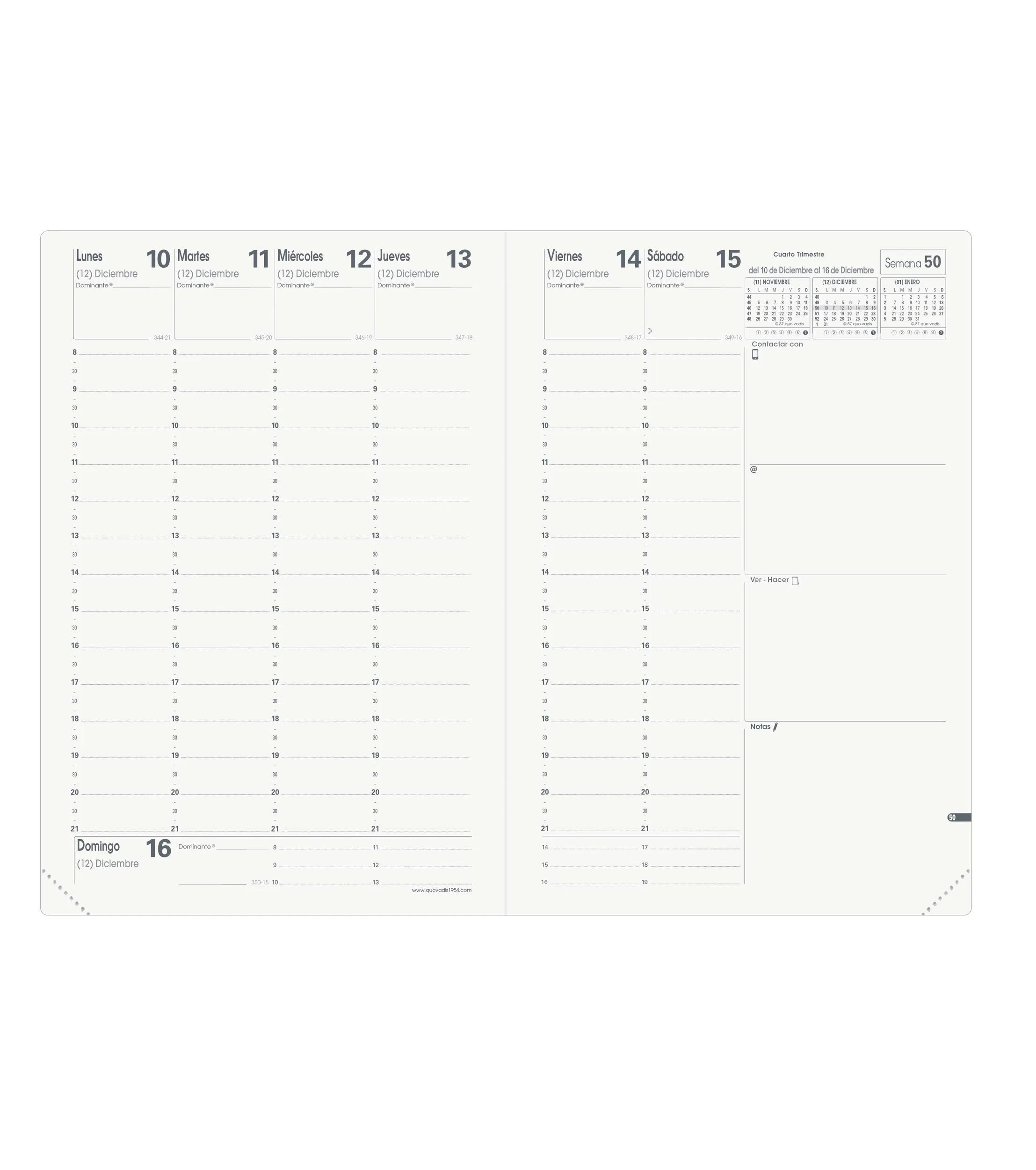 Una página de agenda para la semana del 10 al 16 de diciembre. Contiene horarios diarios, un calendario y espacio para notas.