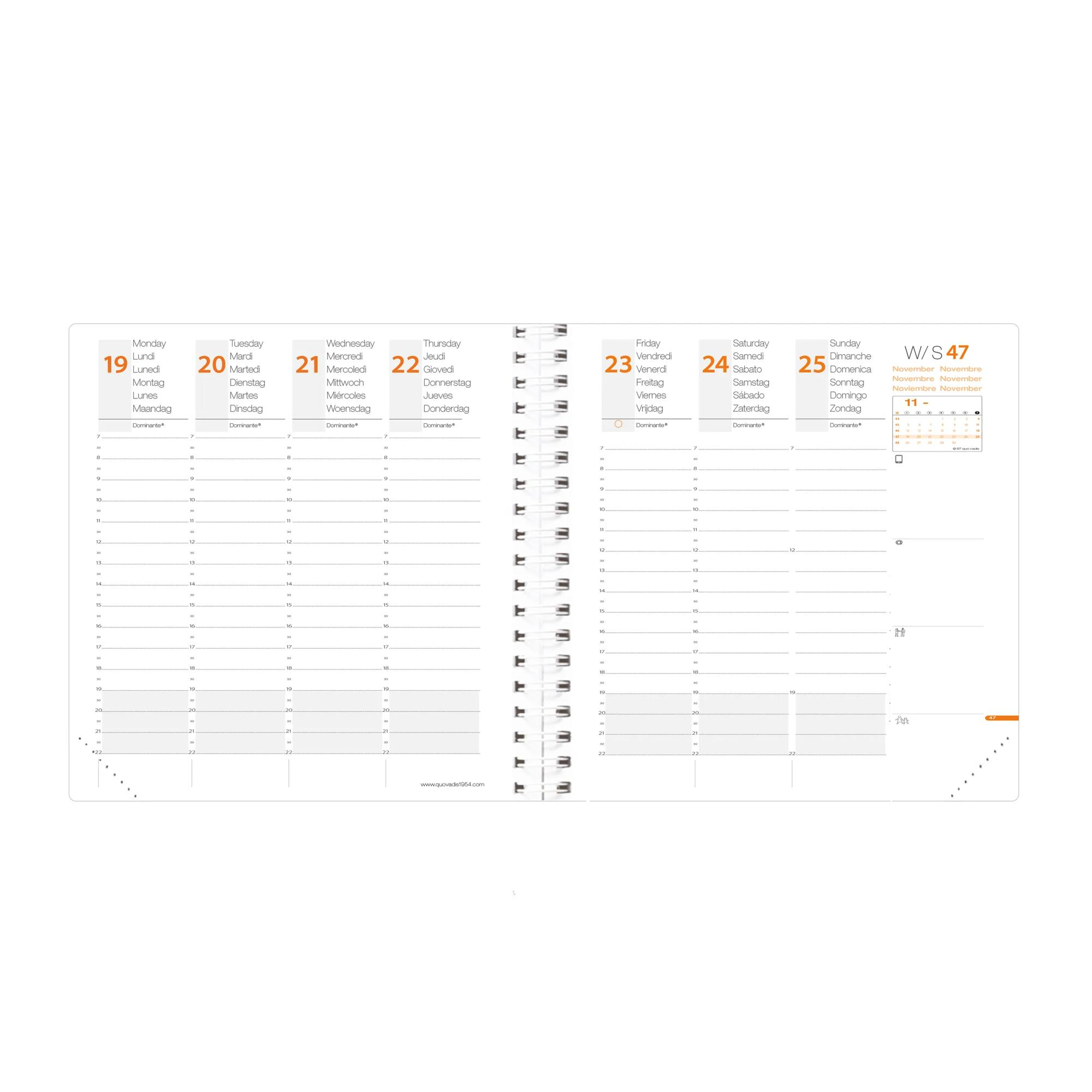 Una agenda con fechas del 19 al 25. Cada día tiene un horario detallado. El fondo es blanco.