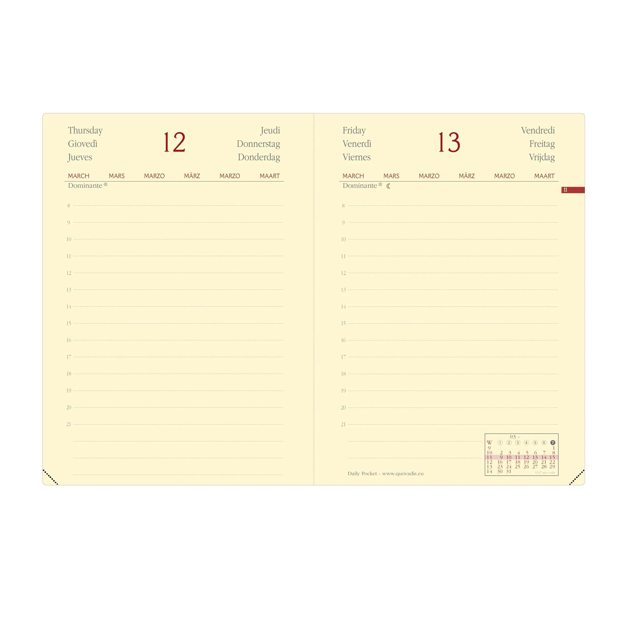 Una página de agenda crema muestra los días de la semana, las fechas 12 y 13 y un pequeño calendario de marzo.