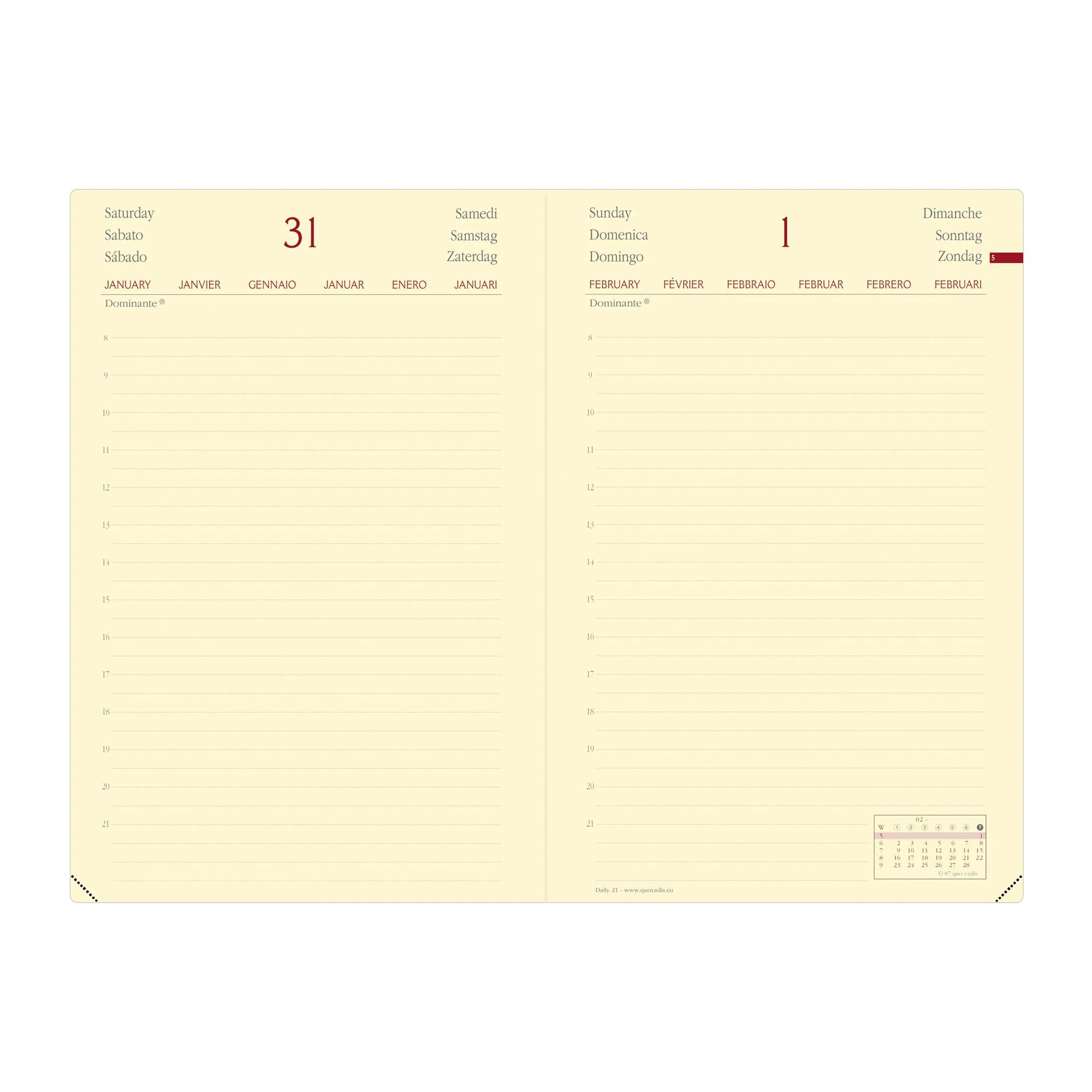 Una página de agenda con las fechas del 31 de enero y el 1 de febrero. Incluye calendarios y entradas diarias con líneas.