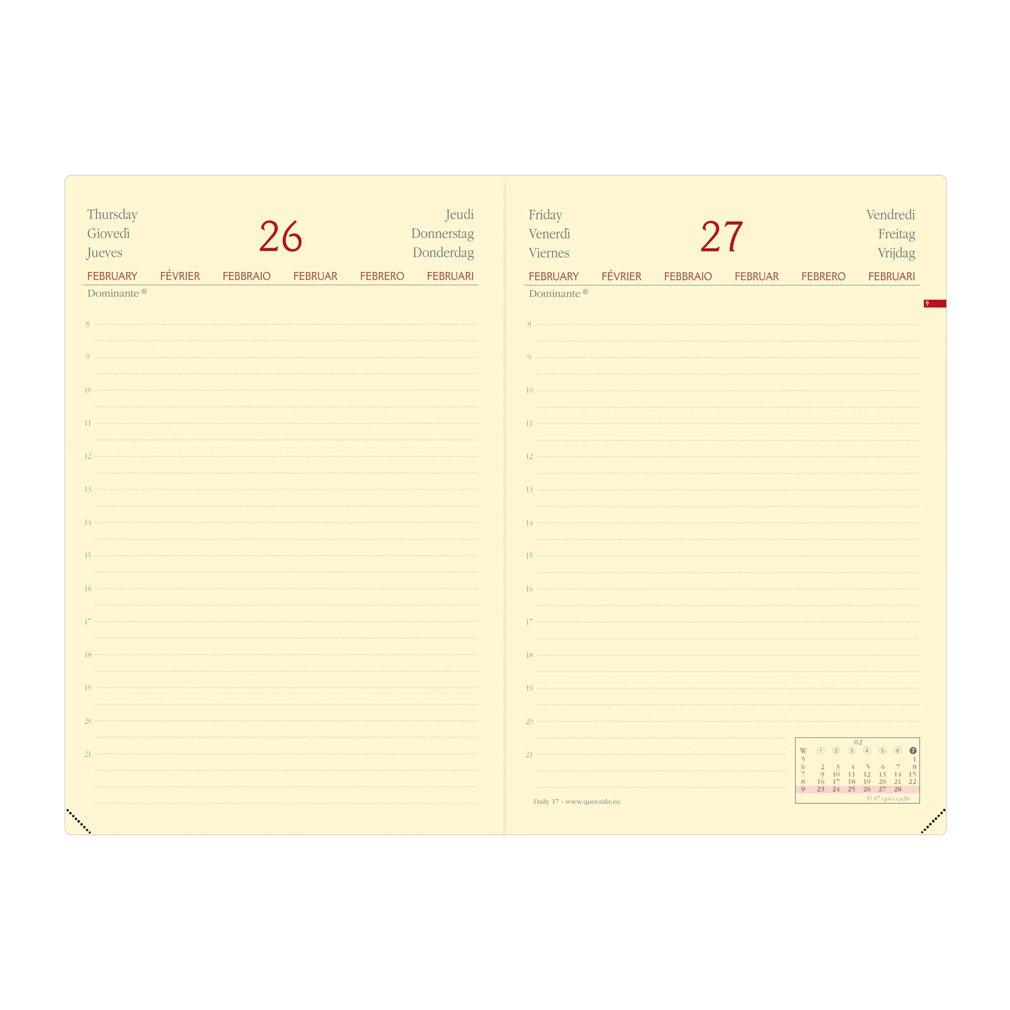 Una página de agenda con fechas de febrero, jueves 26 y viernes 27. Páginas rayadas con un pequeño calendario.