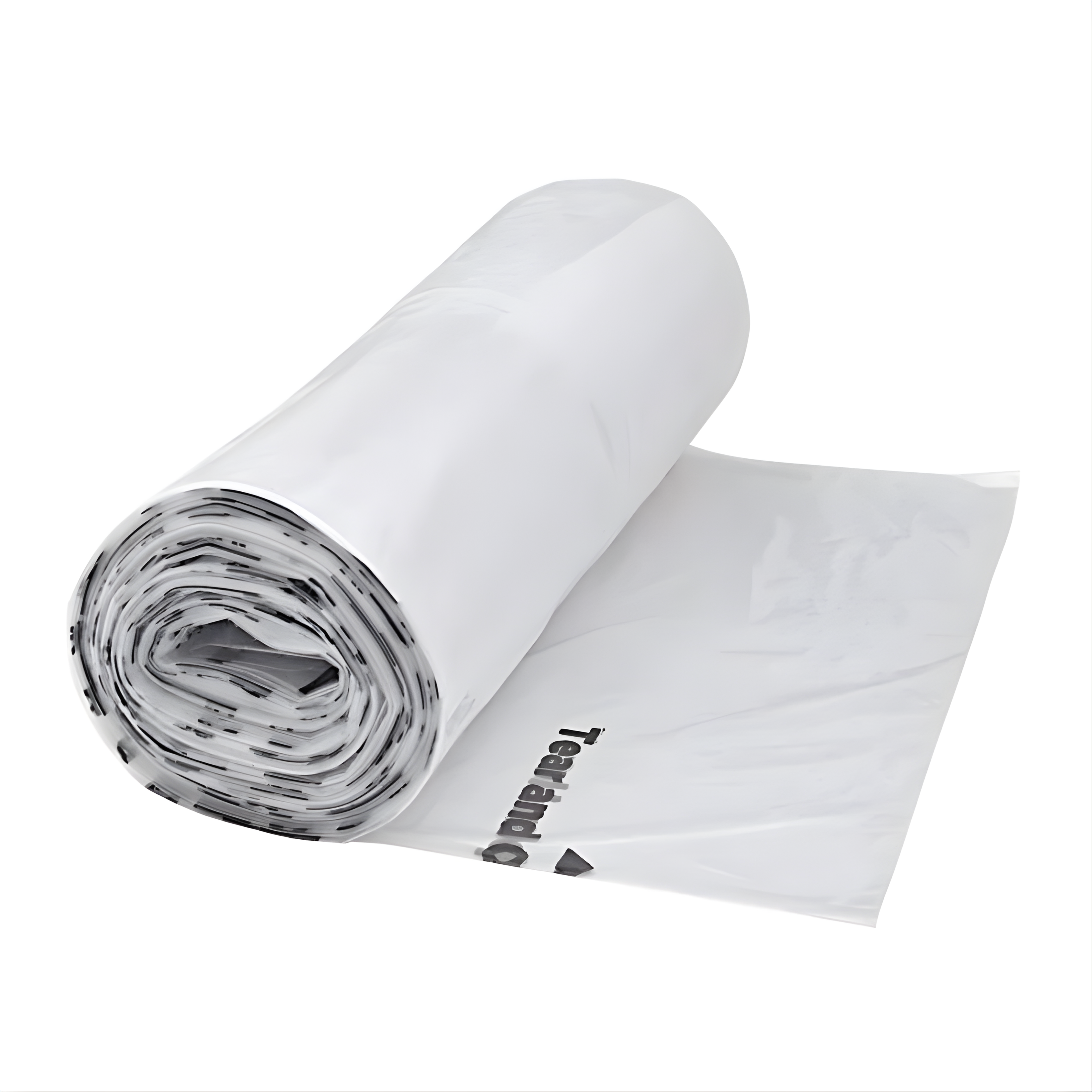 Een rol witte plastic folie gedeeltelijk uitgerold. De tekst "Tear and Q" is afgedrukt.