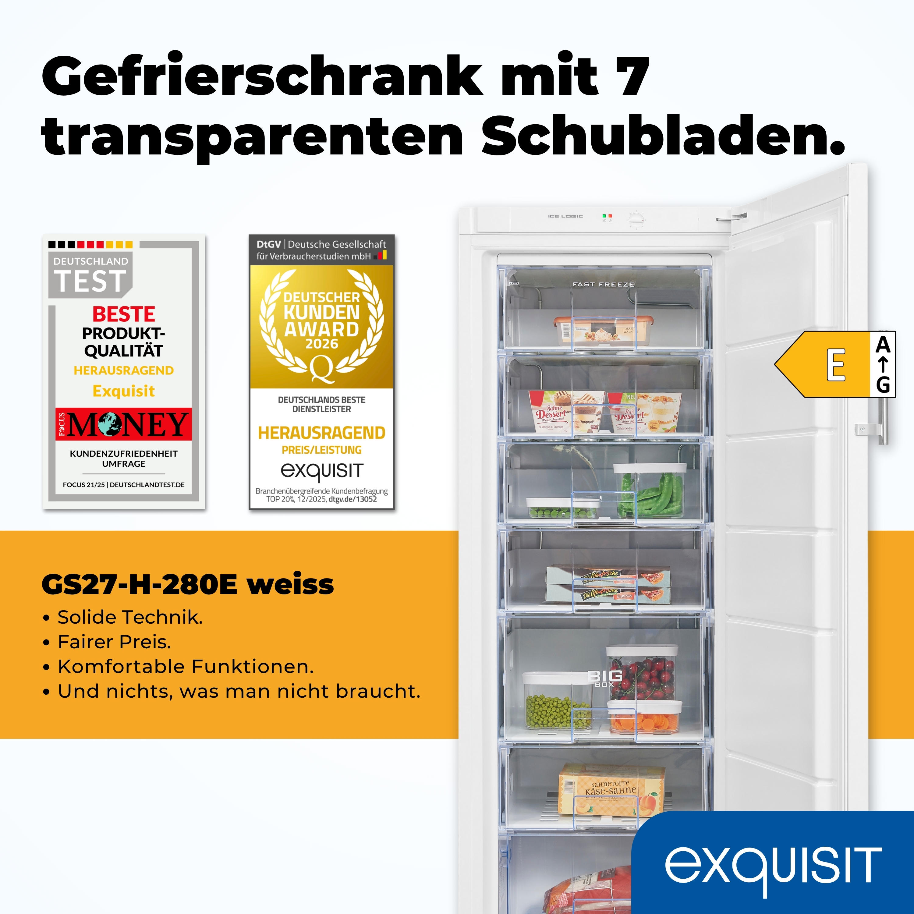 Congelador blanco con 7 cajones transparentes. Etiquetas muestran premios. Alimentos visibles.