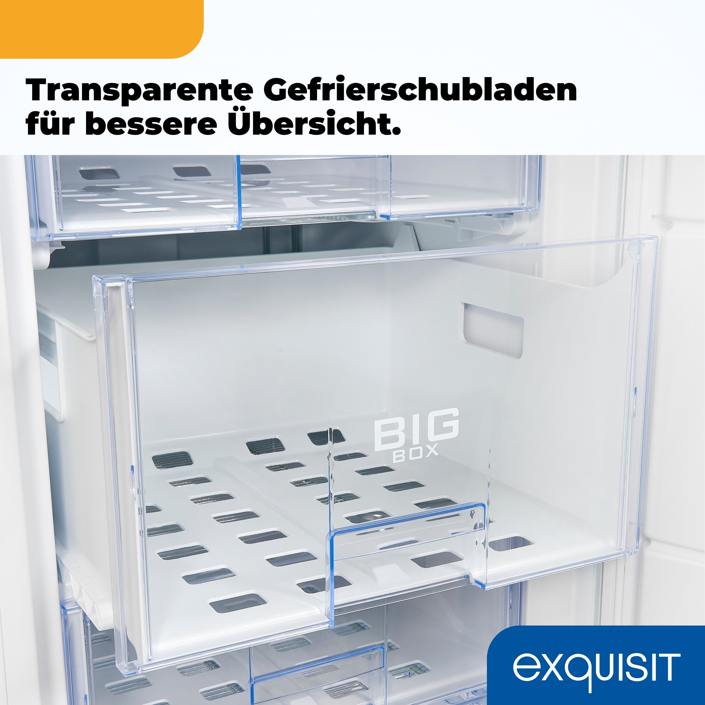 Cajones de congelador transparentes abiertos. La caja grande es visible. El texto dice Cajones de congelador transparentes para una mejor visión.