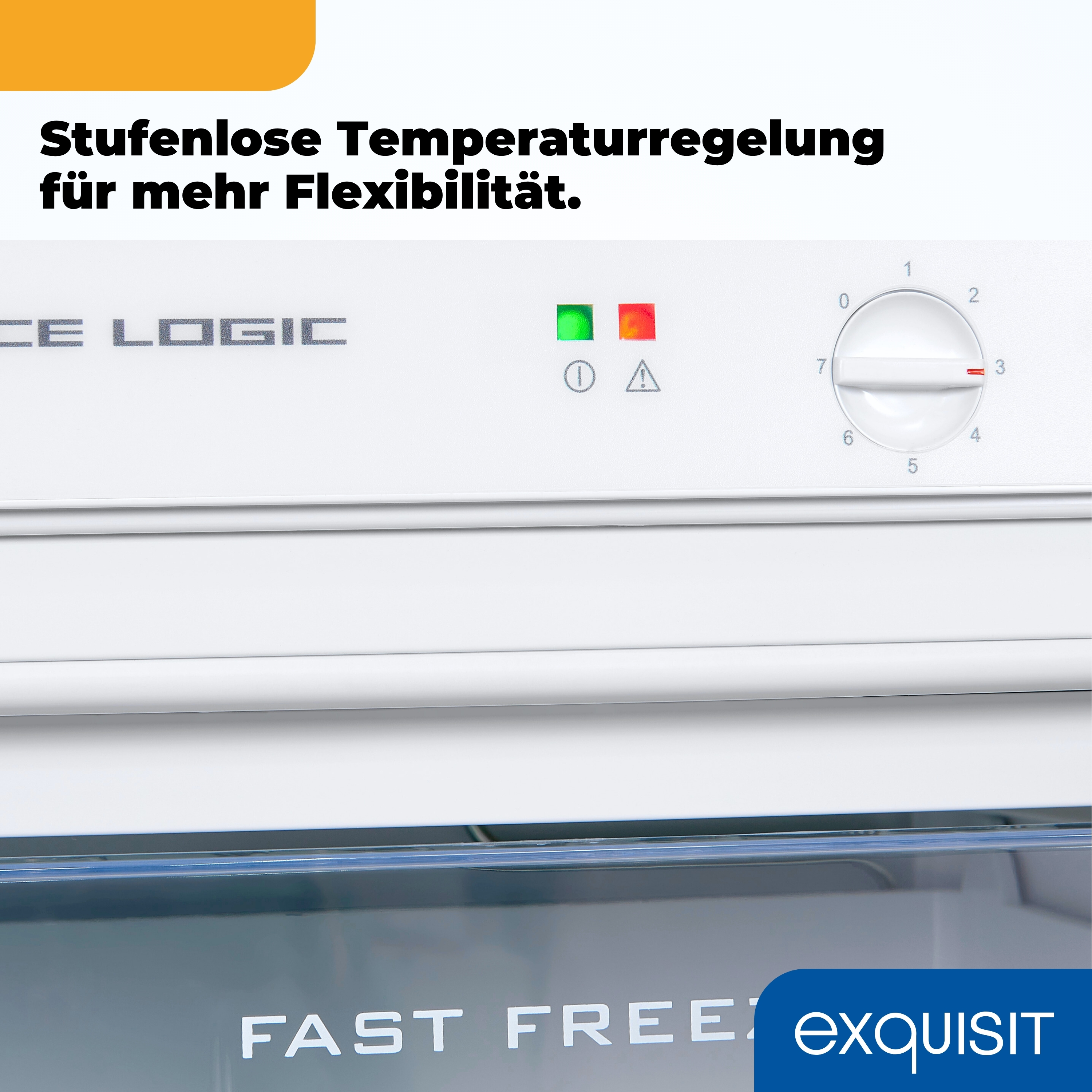 Refrigerador con dial de control de temperatura, luces verde y roja, y la marca 'exquisit'.