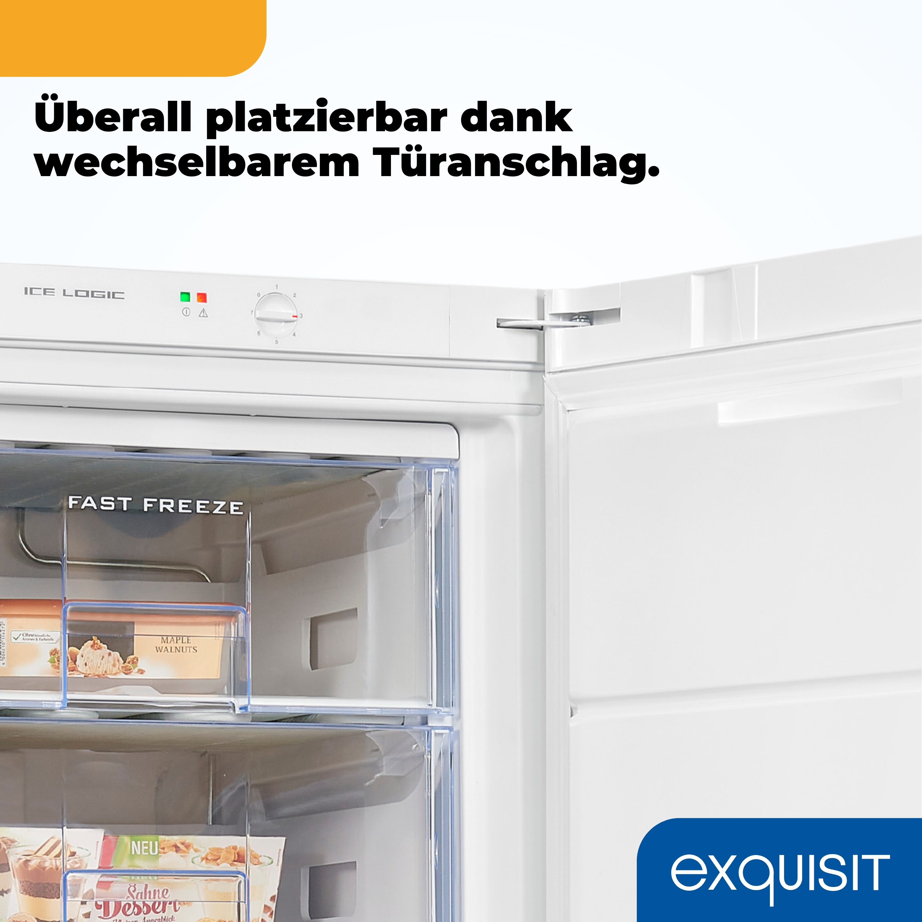 Interior de nevera blanca con puerta abierta, cajones congelador y alimentos. Texto superior: 'FAST FREEZE'.