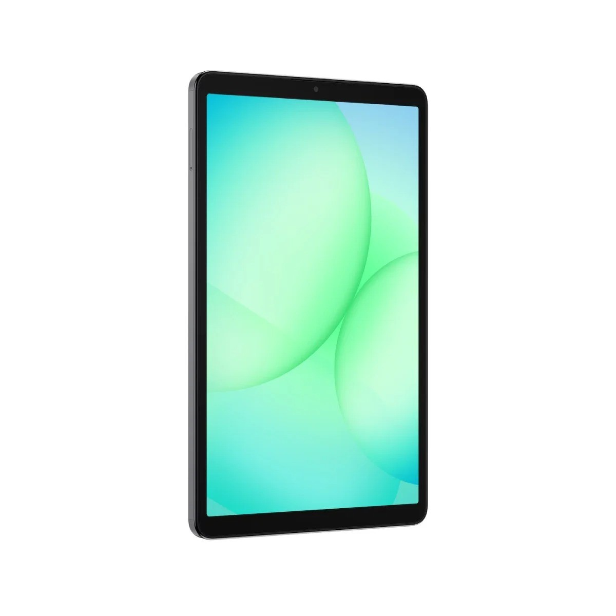 Ein Tablet mit schwarzem Rahmen und einem Bildschirm, der grüne und blaue Farbverlaufsblasen zeigt. Der Hintergrund ist weiß.
