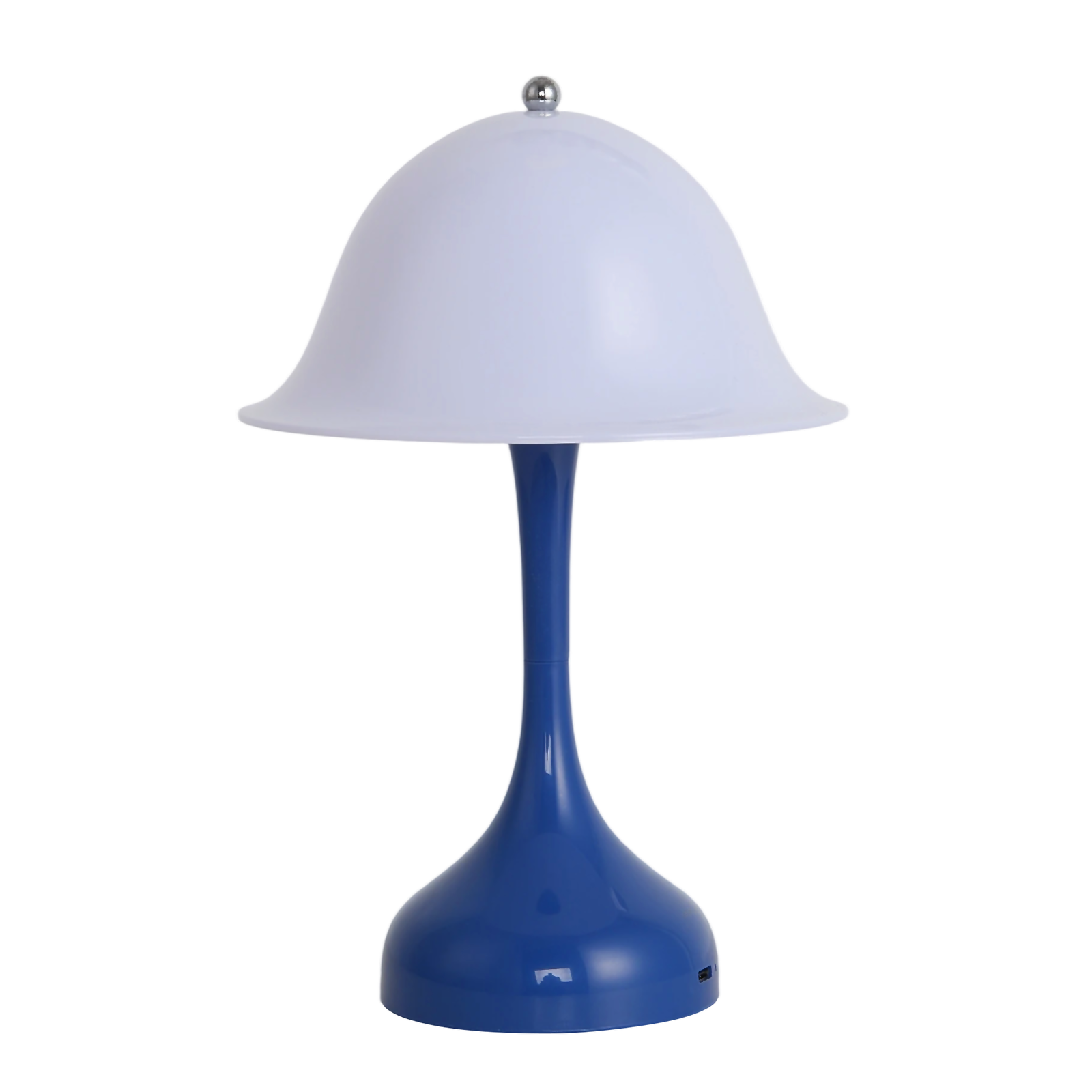 Una moderna lampada da tavolo con base e stelo blu, che supporta un paralume bianco a forma di campana.
