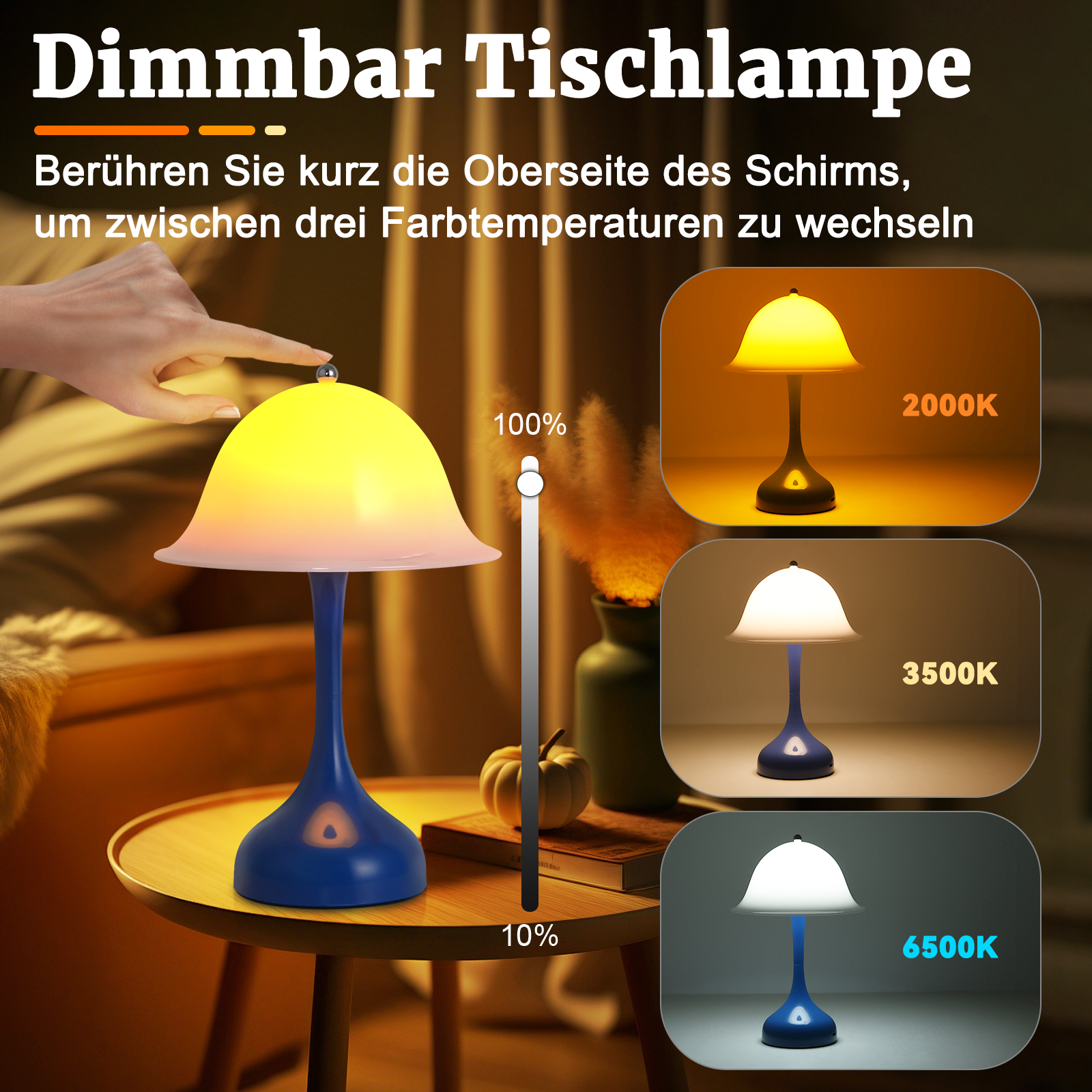 Una lampada da tavolo dimmerabile a forma di fungo con tre temperature di colore. Una mano tocca la parte superiore. 10%, 100%.