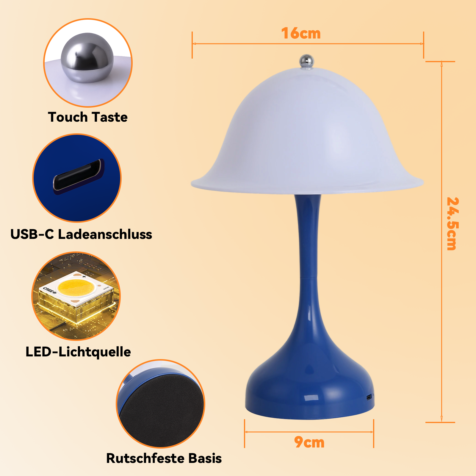 Una lampada blu e bianca a forma di fungo. Dettagli: Touch, USB-C, LED e base antiscivolo.