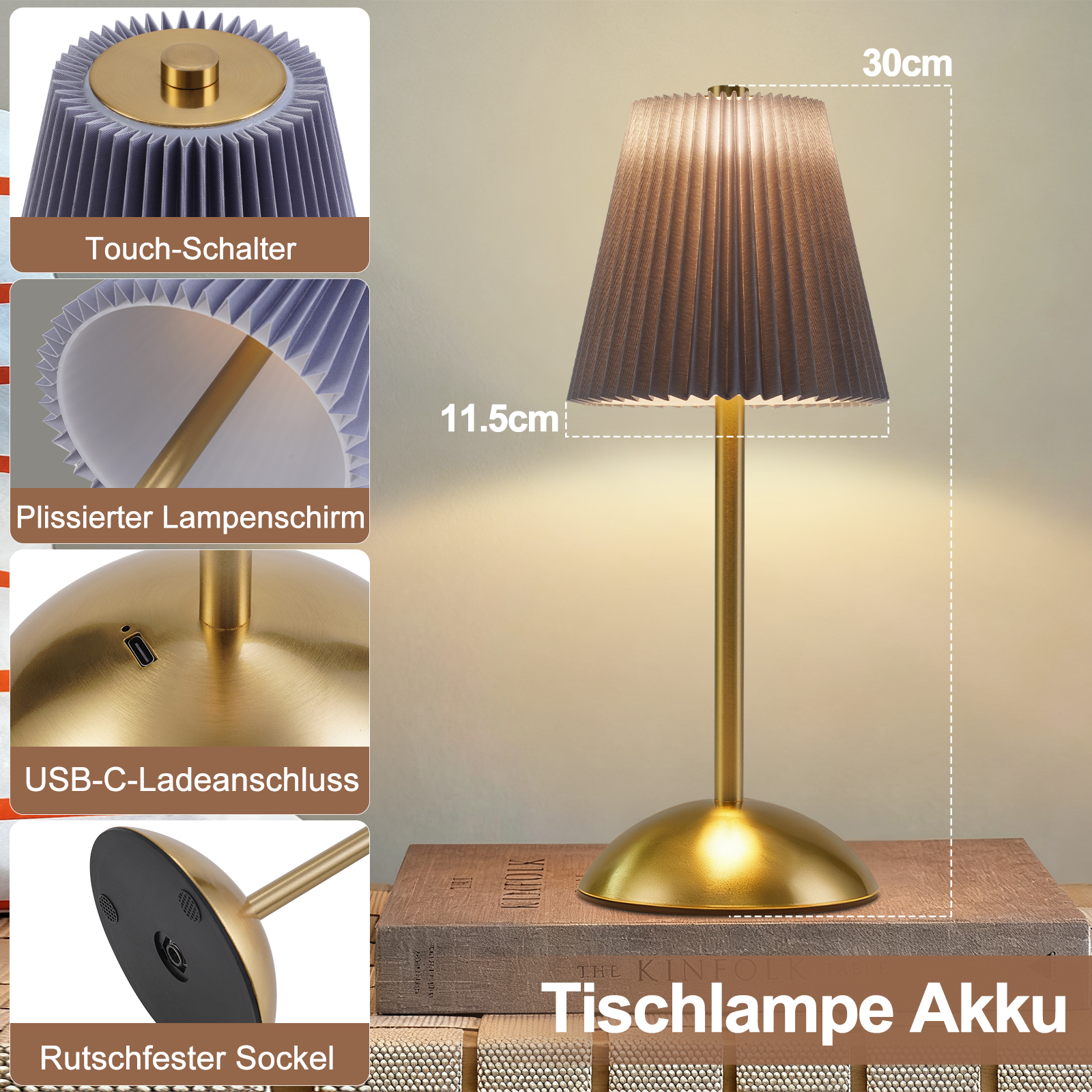Una lampada da tavolo dorata con paralume plissettato su una superficie di legno. Primi piani.