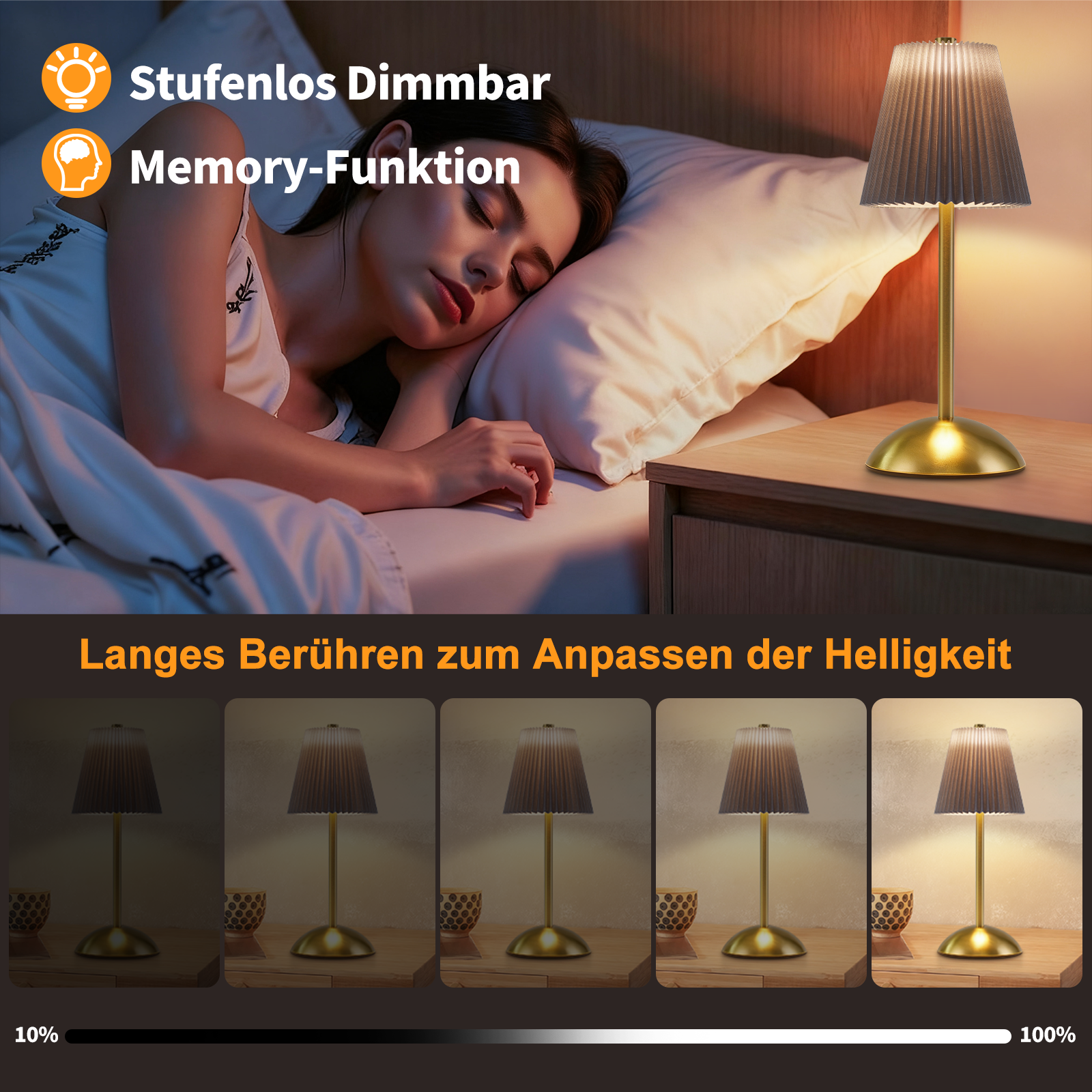 Una donna dorme vicino a una lampada su un comodino. La luminosità della lampada varia dal 10% al 100%.