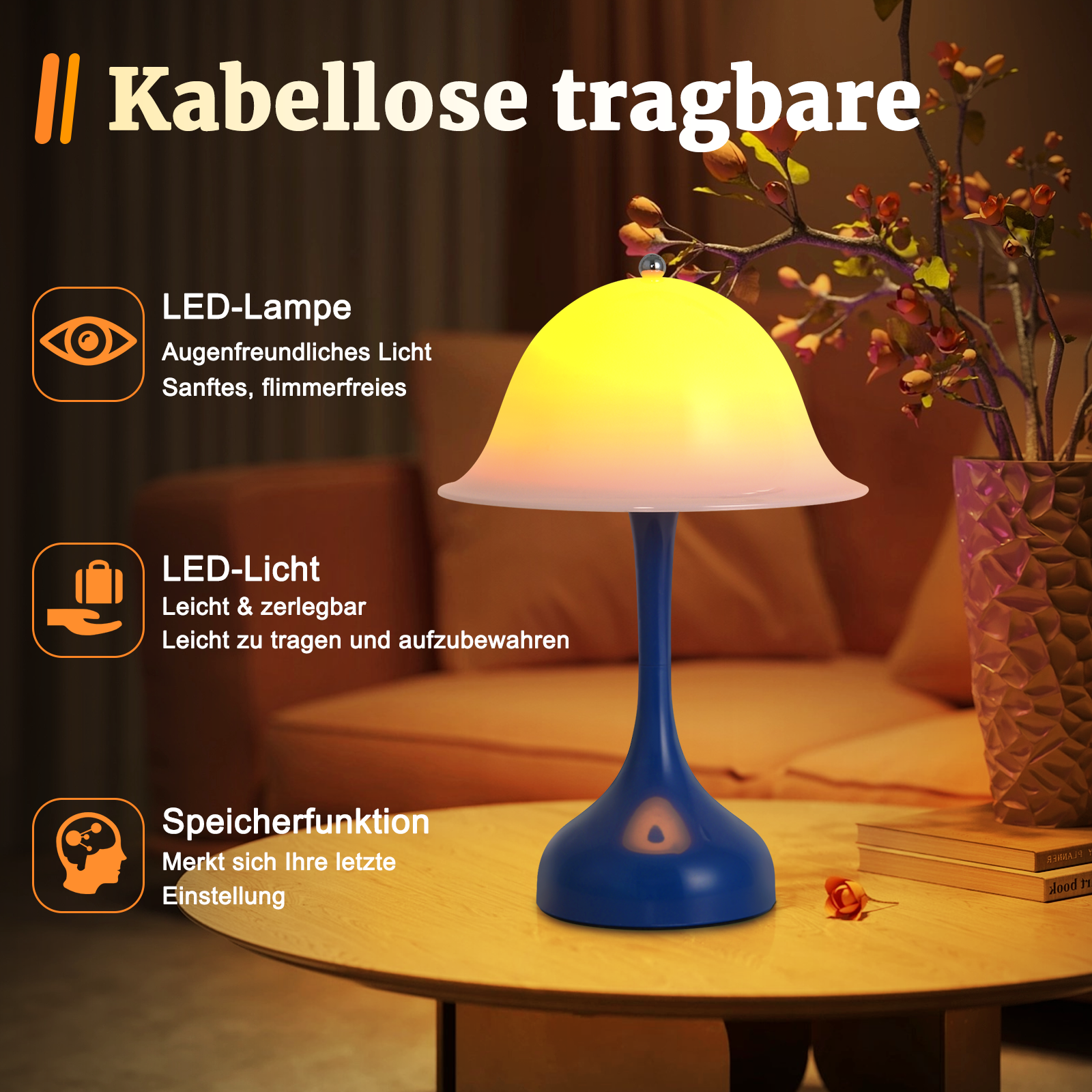 Una lampada blu e gialla su un tavolo con un fiore e libri. Il testo sull'immagine pubblicizza le caratteristiche.
