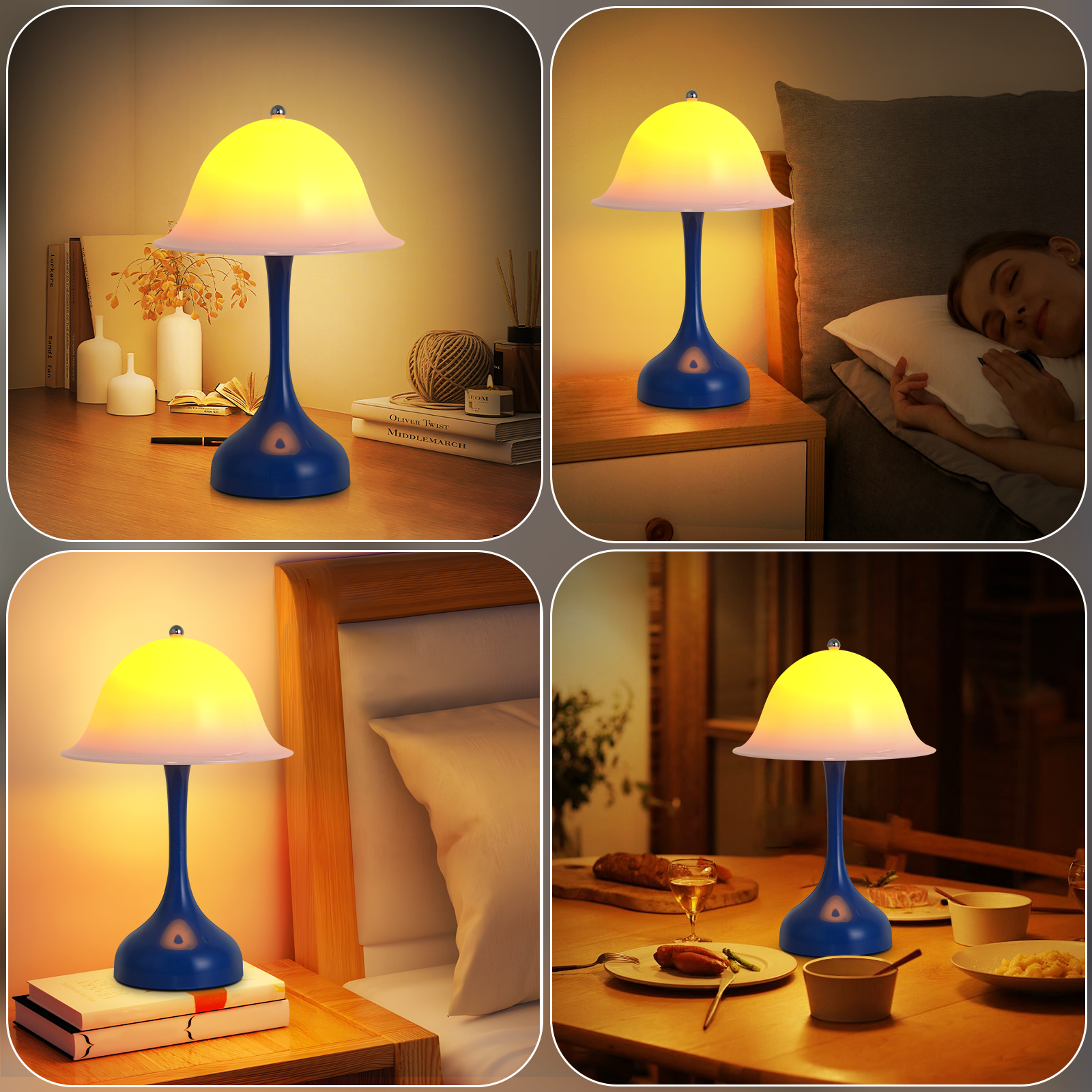 Una lampada blu con paralume giallo è su un tavolo. La lampada è in quattro ambienti diversi, tra cui una camera da letto.