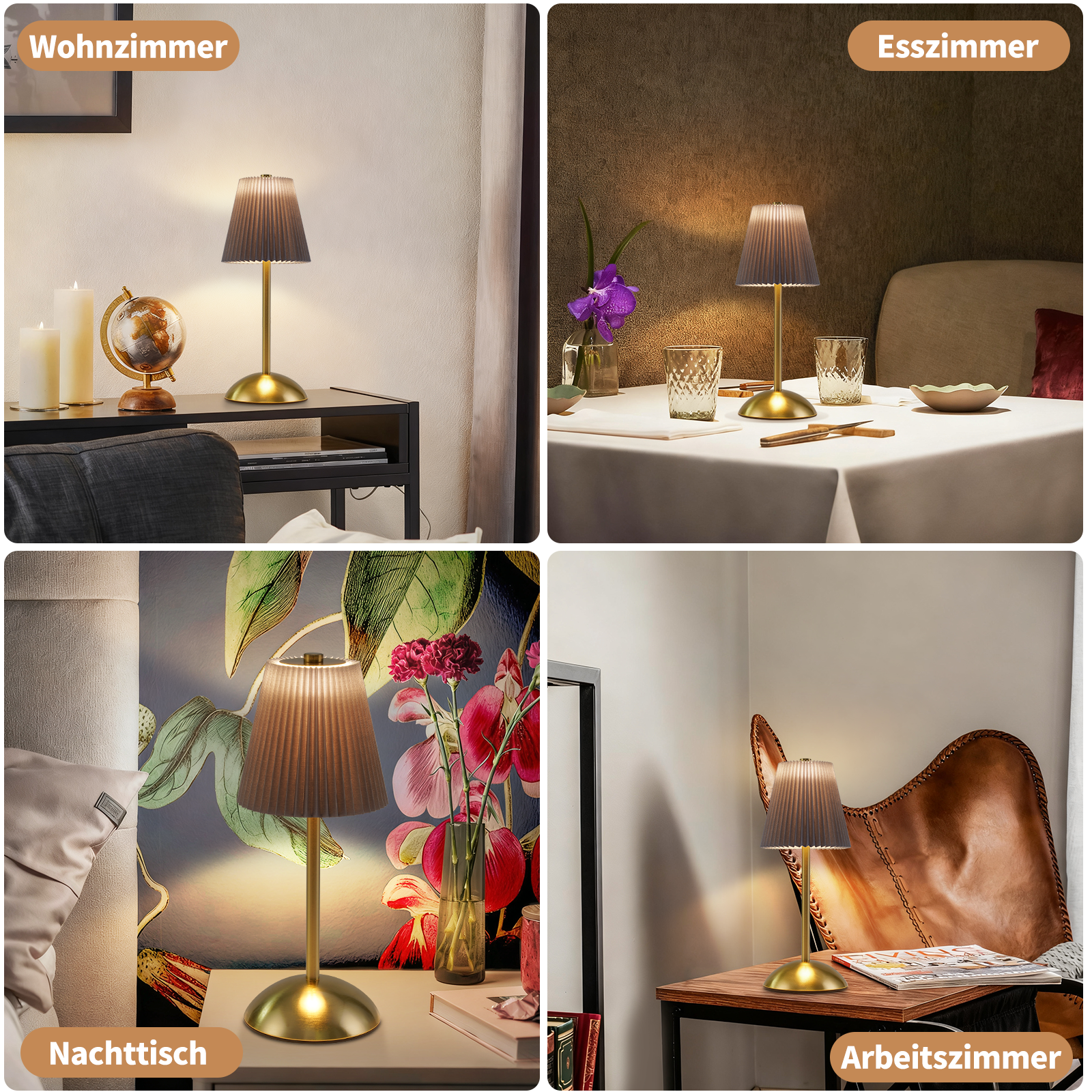 Quattro immagini con una lampada da tavolo in diverse ambientazioni: soggiorno, sala da pranzo, comodino e spazio di lavoro.