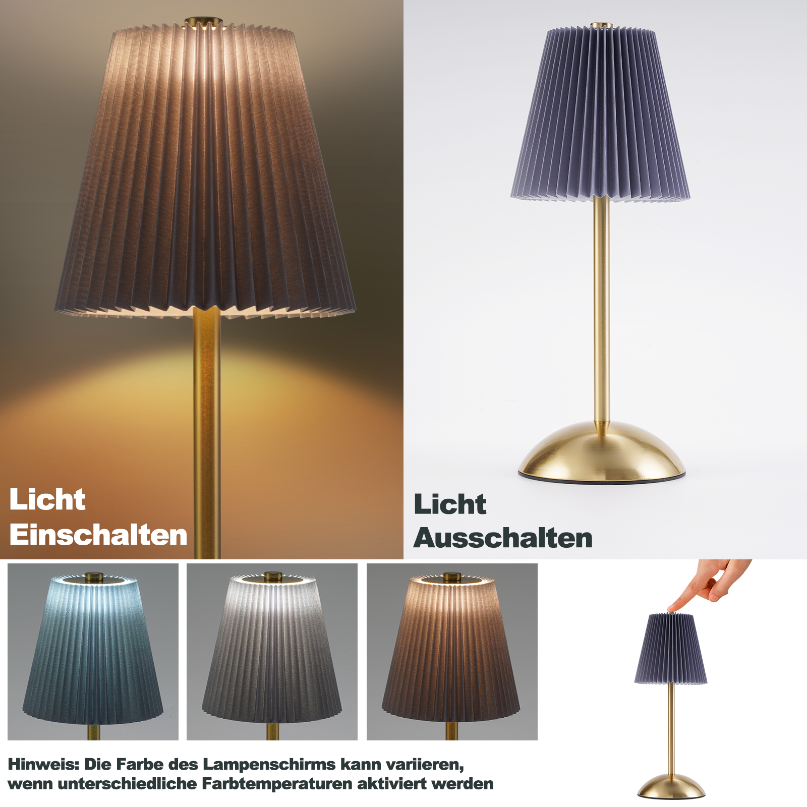 Una lampada con paralume plissettato è mostrata in diverse condizioni di illuminazione. La base è dorata.
