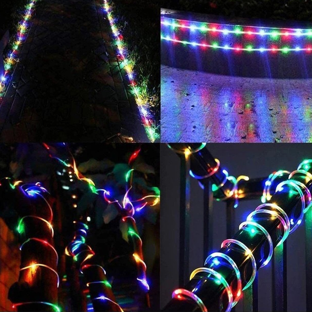 Das Bild zeigt Nahaufnahmen von bunten LED-Streifen. Sie sind um Pfosten, Geländer und Wege gewickelt und erzeugen einen lebendigen, festlichen Look.